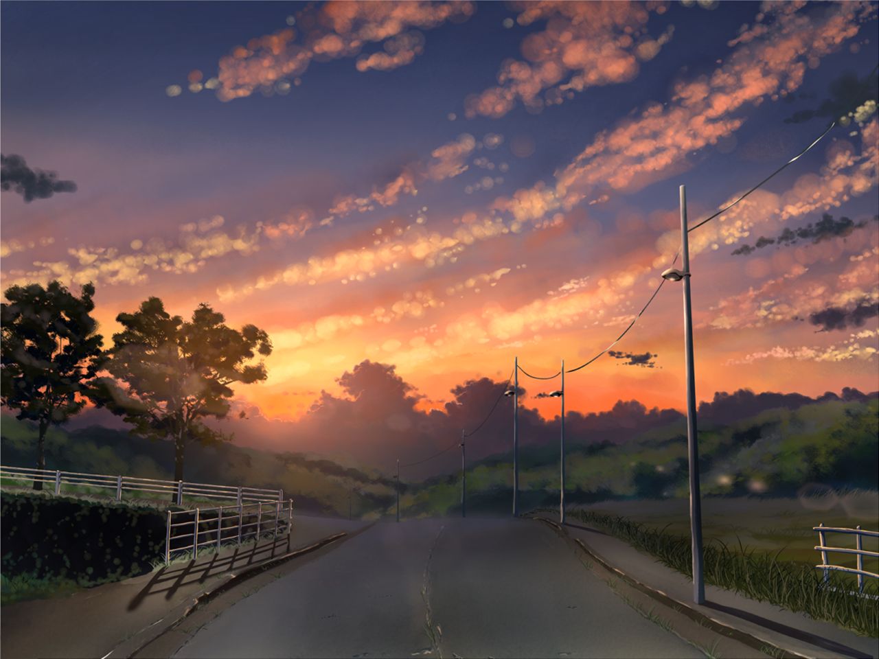1496622 завантажити шпалери аніме, світанок: пісня двох людей, хмара, трава, пейзаж, дорога, небо, захід сонця - заставки і картинки безкоштовно