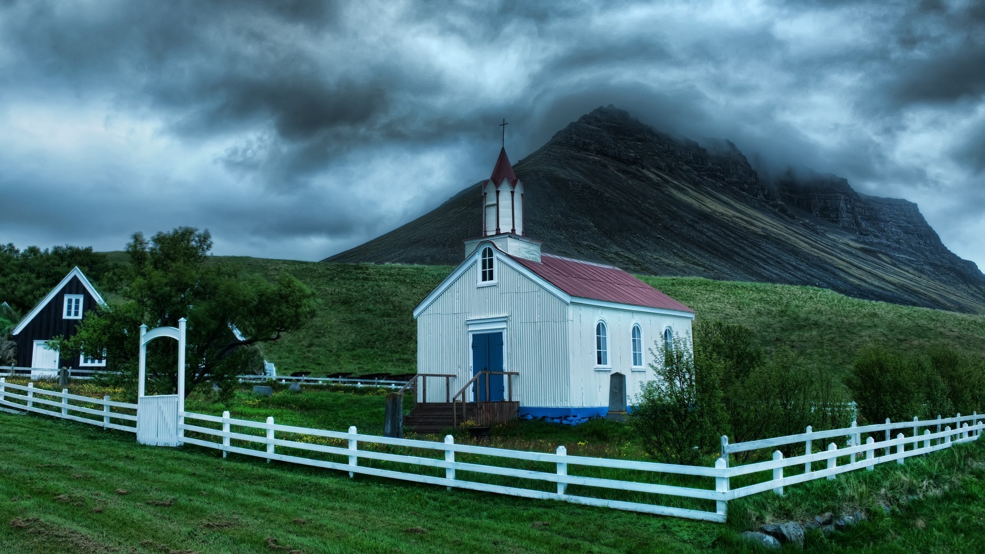 Download mobile wallpaper Mountain, Fence, Chapel, Religious for free.
