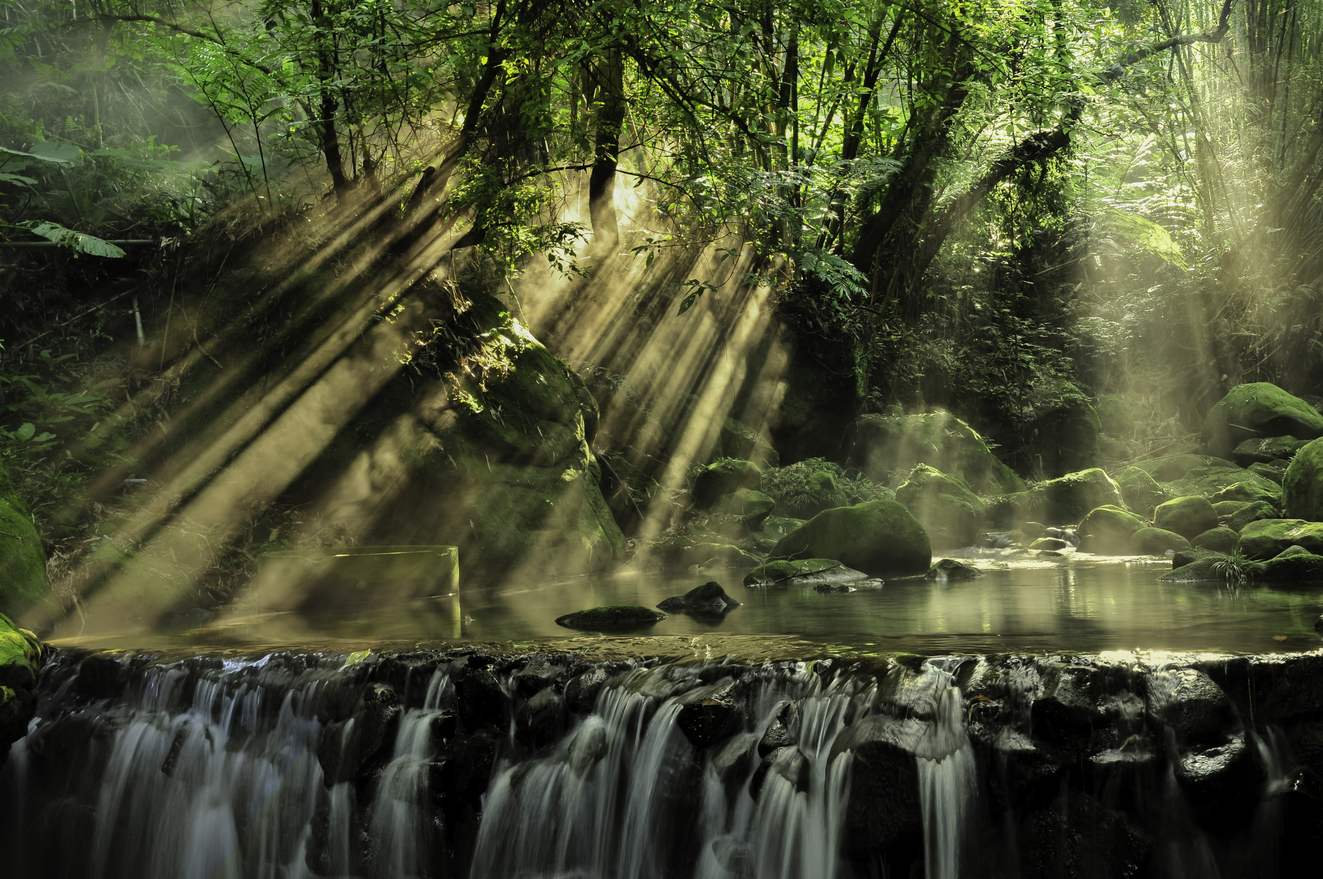 Download mobile wallpaper Nature, Waterfall, Earth, Stream, Sunbeam, Greenery for free.
