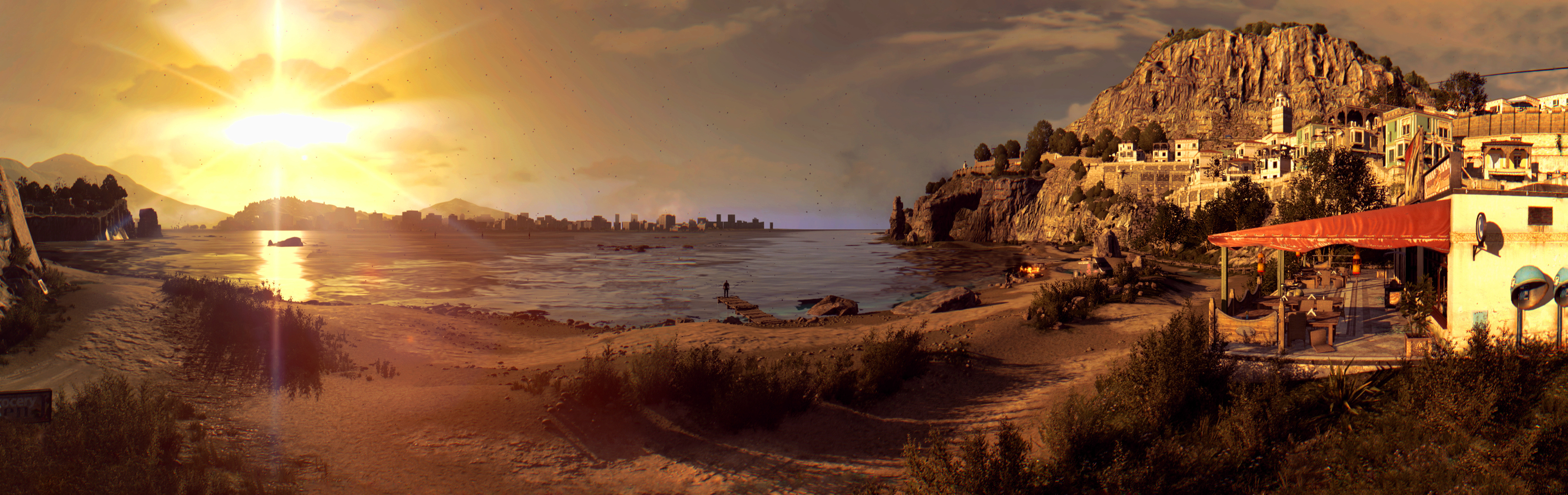 Download mobile wallpaper Sunset, Sea, Beach, City, Video Game, Dying Light for free.