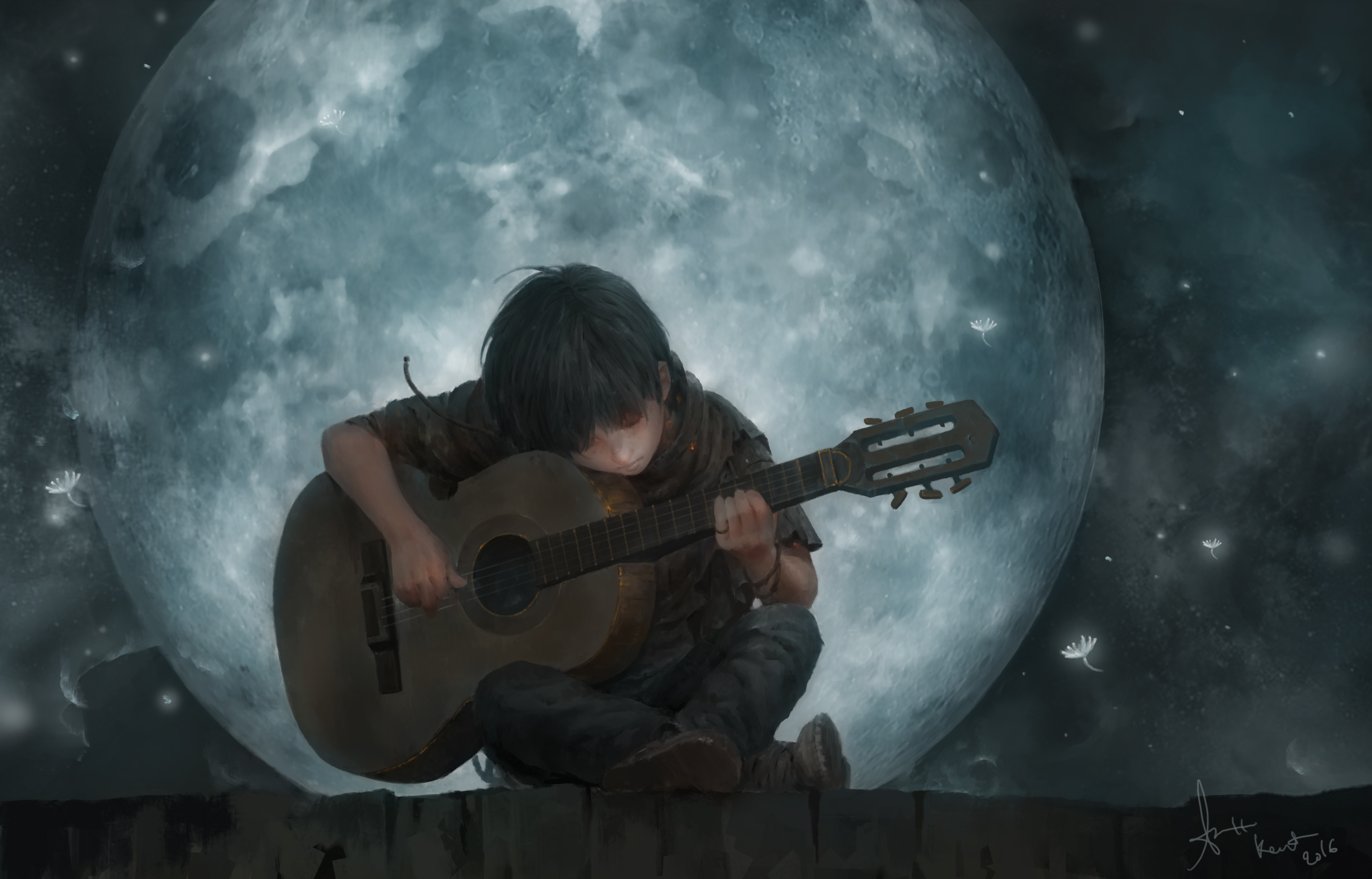 無料モバイル壁紙ギター, 月, 芸術的, 子, 夜, リトルボーイをダウンロードします。