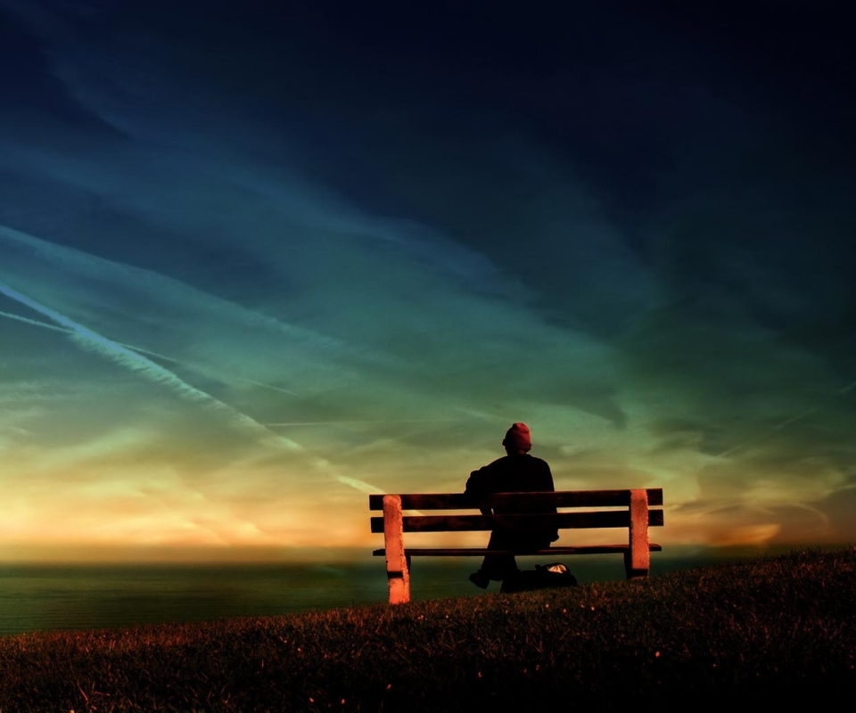 Download mobile wallpaper Night, Colors, Human, Bench, Artistic for free.