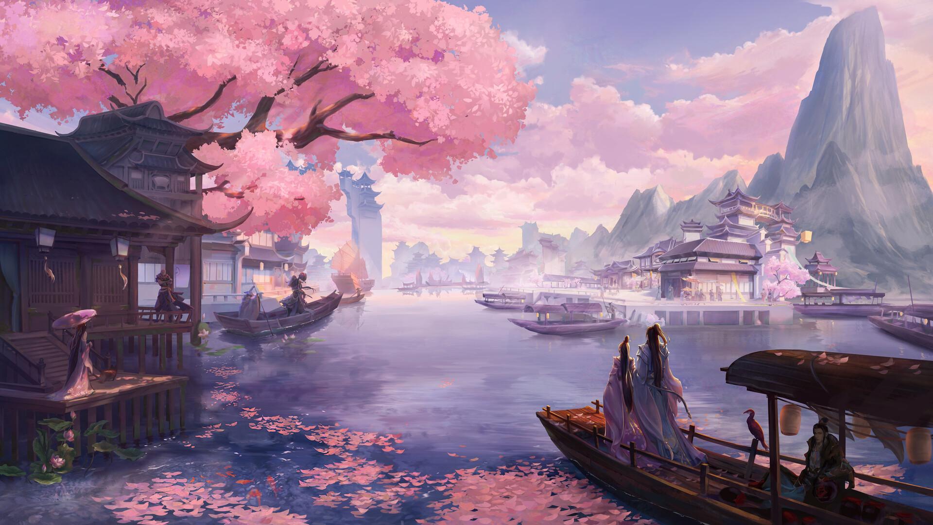 Download mobile wallpaper Fantasy, Mountain, Boat, River, Oriental, Cherry Blossom, Cherry Tree for free.