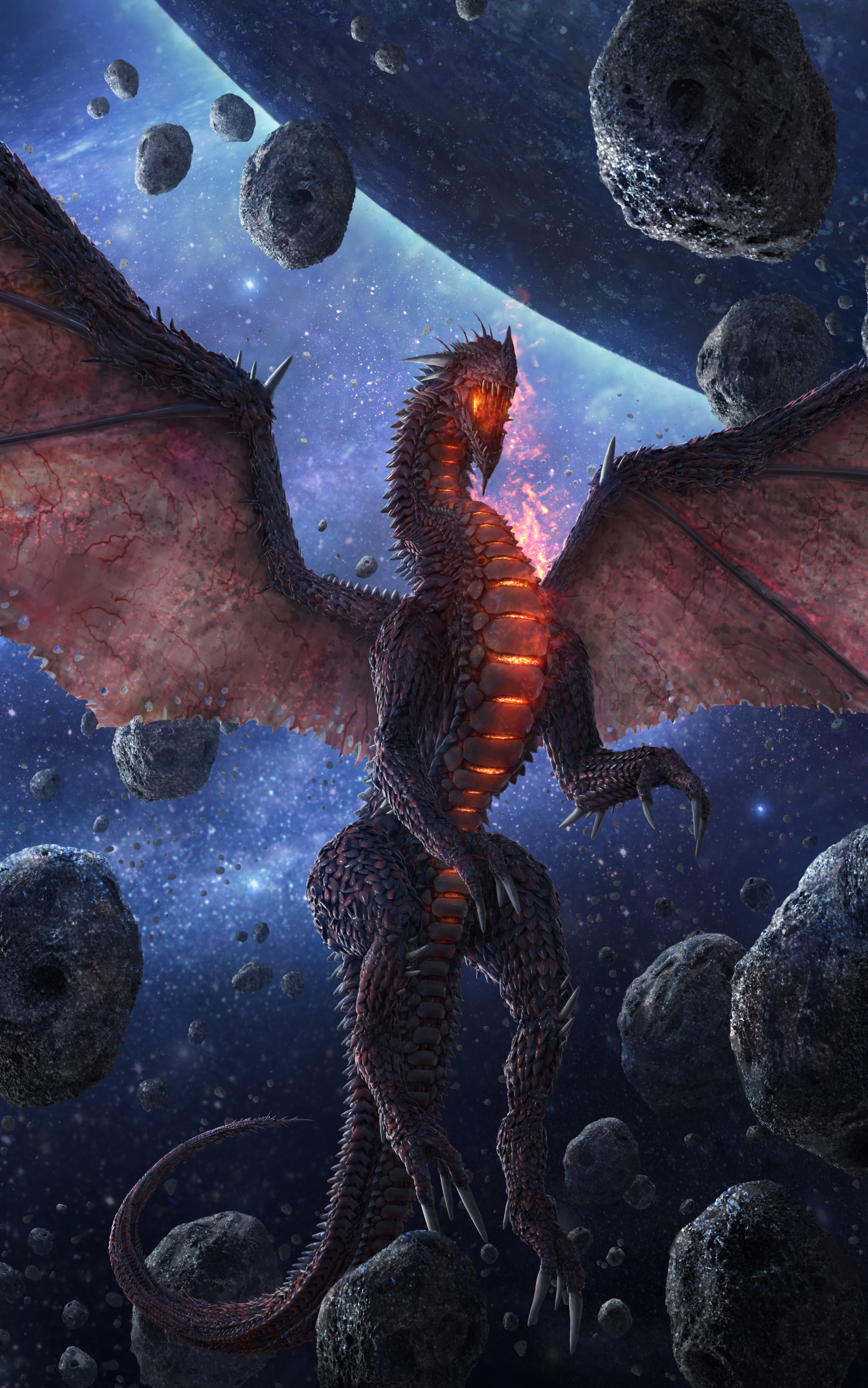 Download mobile wallpaper Fantasy, Space, Dragon, Asteroid for free.