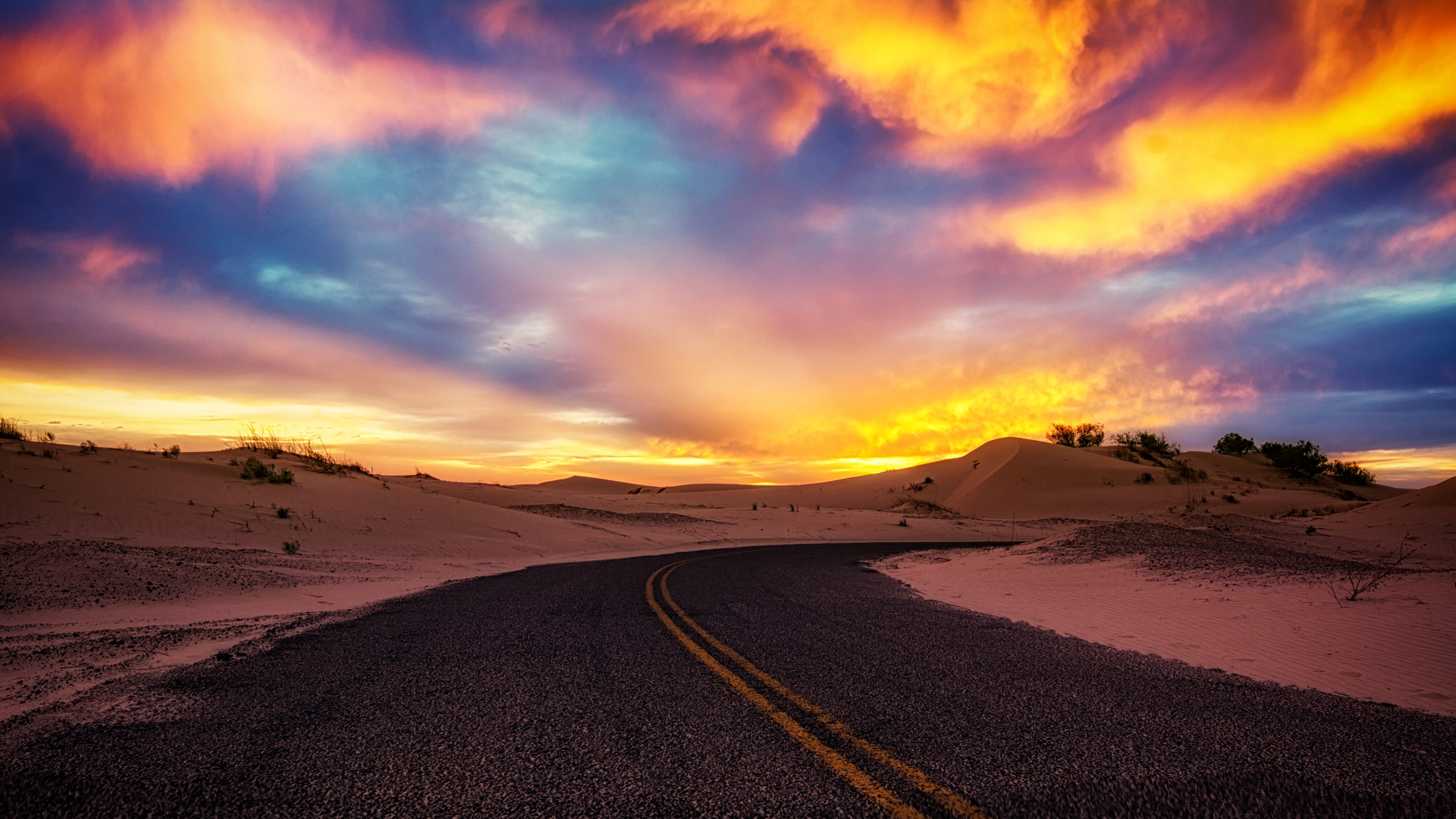 Free download wallpaper Sunset, Road, Dune, Man Made on your PC desktop
