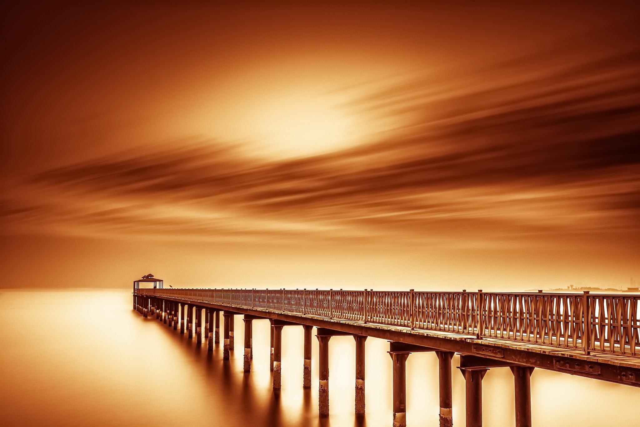 Download mobile wallpaper Sky, Horizon, Pier, Ocean, Man Made, Orange (Color) for free.