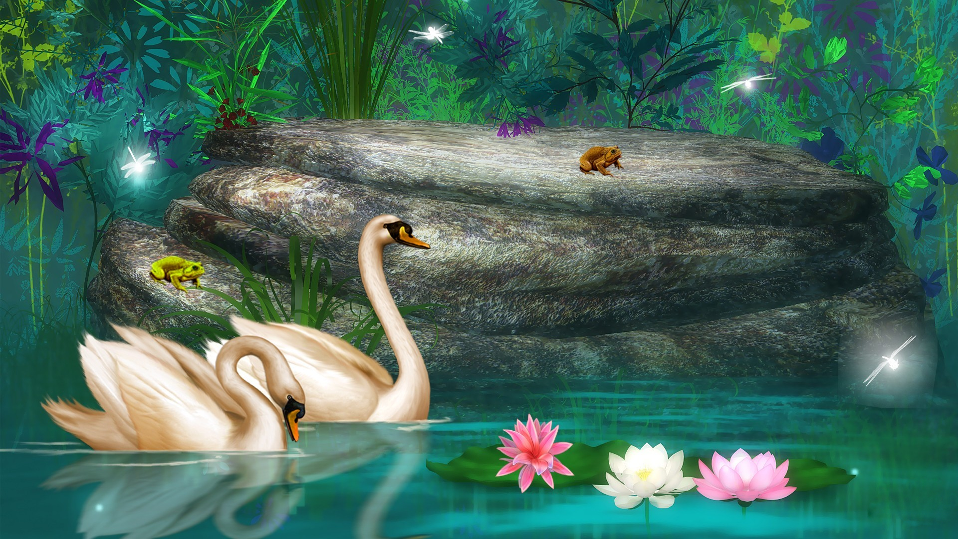 Download mobile wallpaper Birds, Lotus, Flower, Forest, Animal, Swan, Pond, Frog for free.