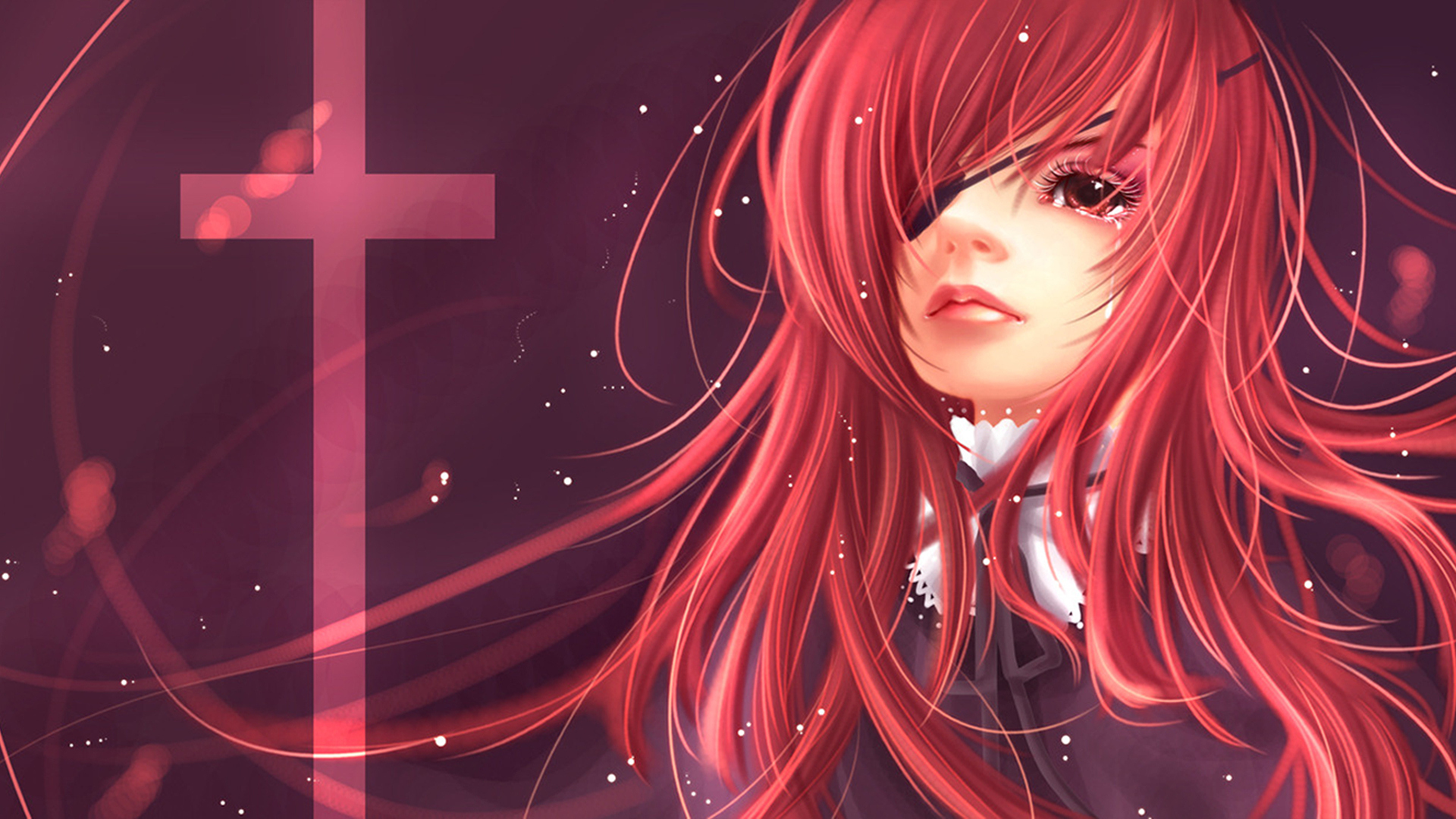 Download mobile wallpaper Artistic, Women, Tears, Red Eyes, Long Hair, Red Hair, Eye Patch for free.