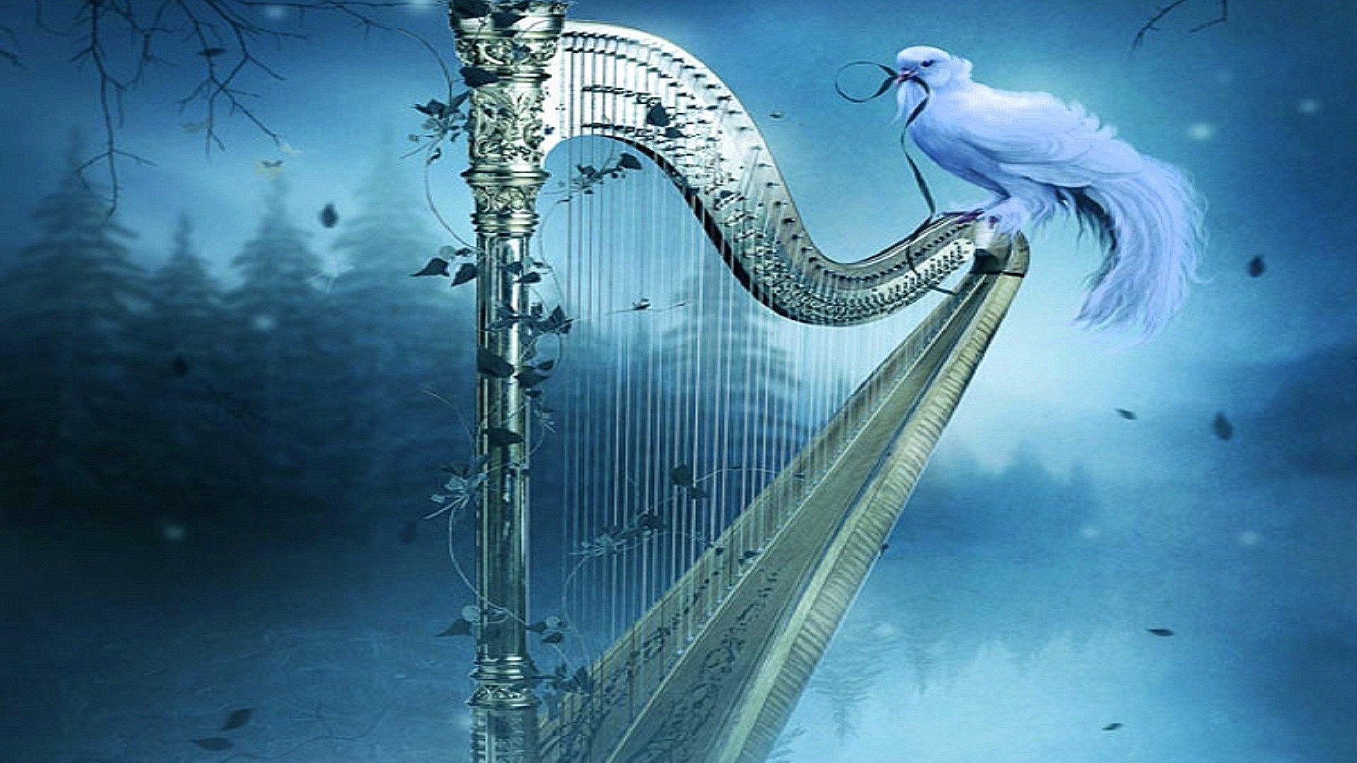 artistic, fantasy, bird, blue, harp, leaf