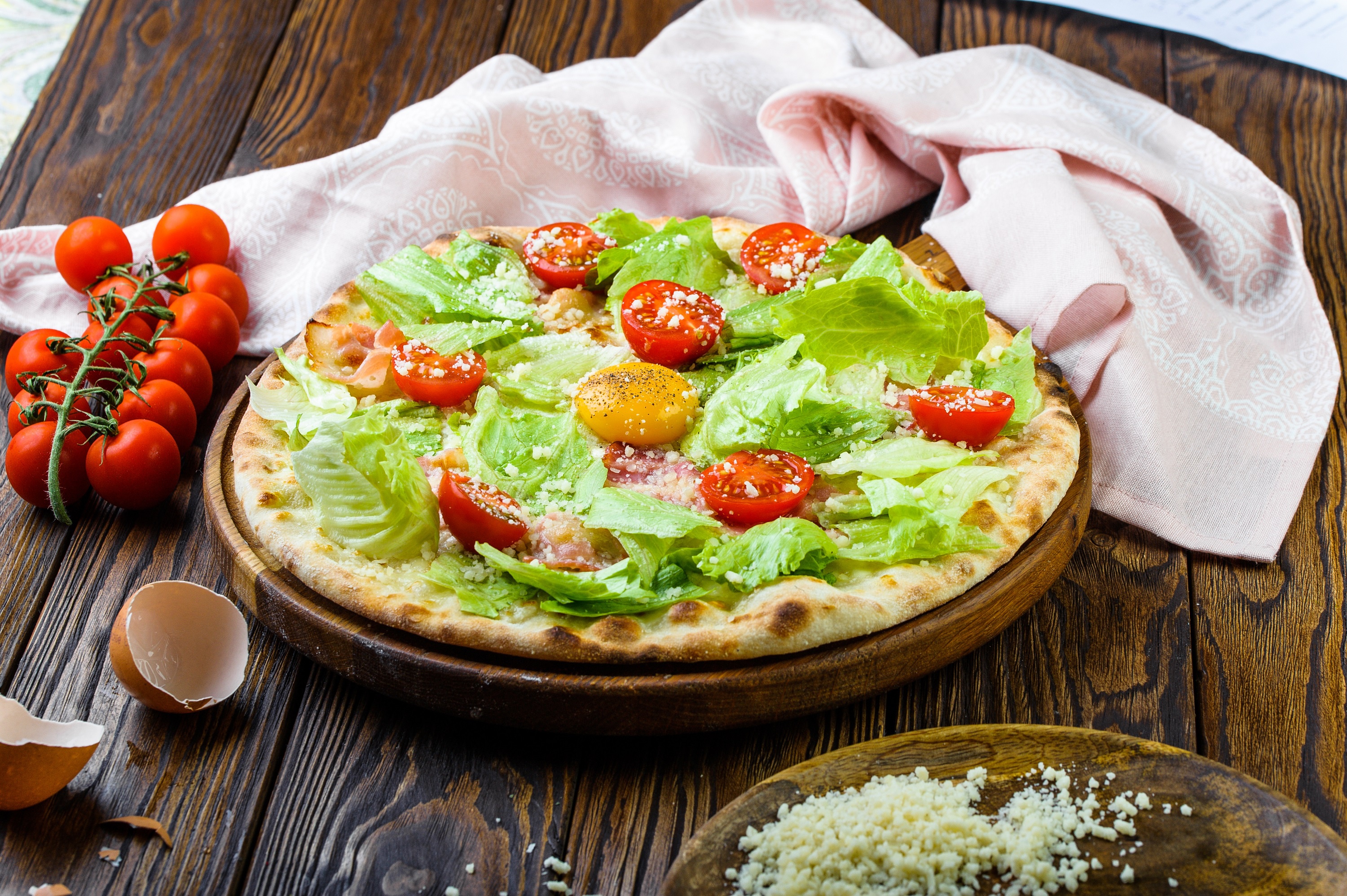 Free download wallpaper Food, Pizza, Still Life, Egg, Salad, Tomato on your PC desktop