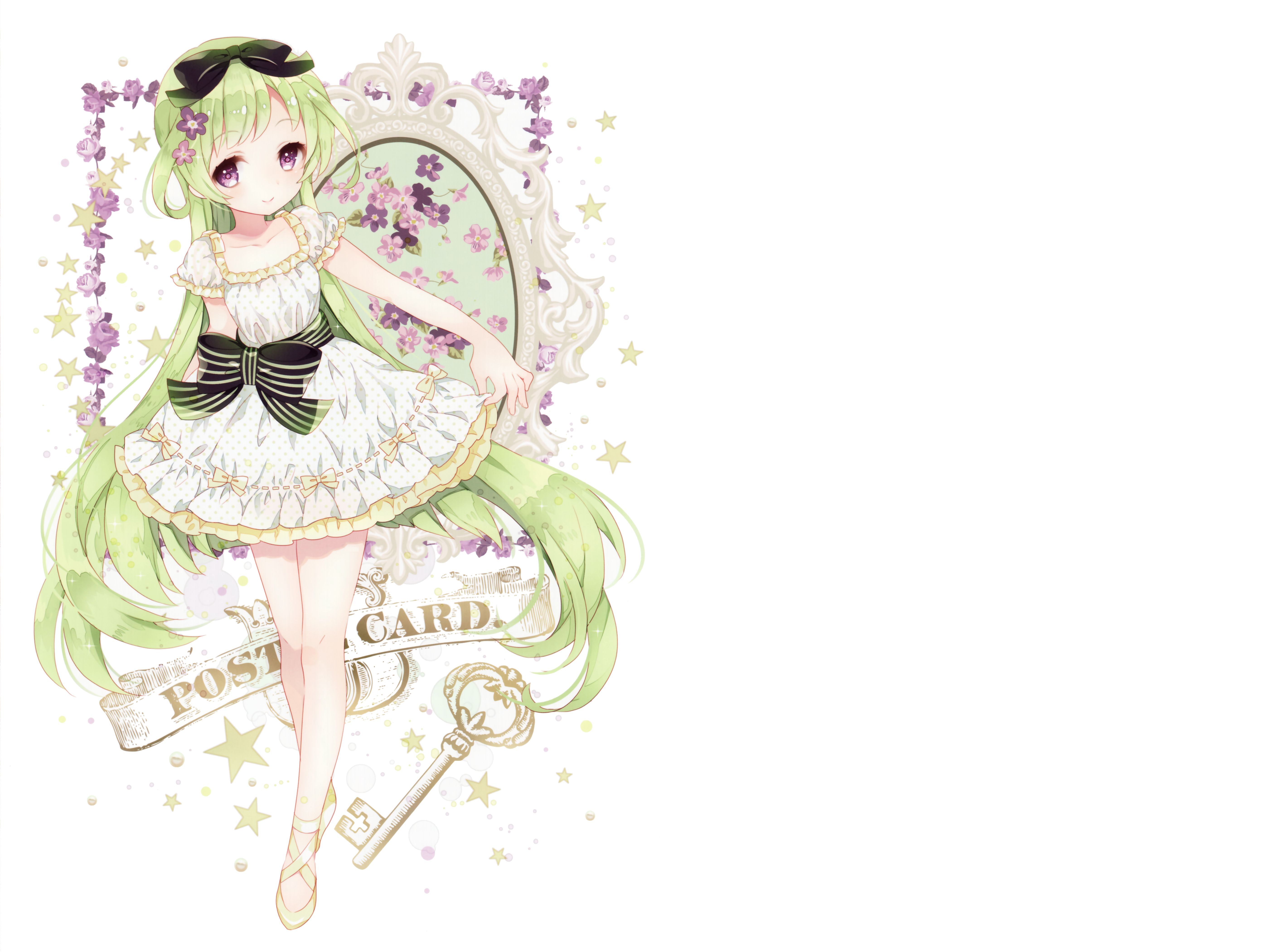 anime, original, blush, bow (clothing), flower, green hair, key, long hair, smile, stars