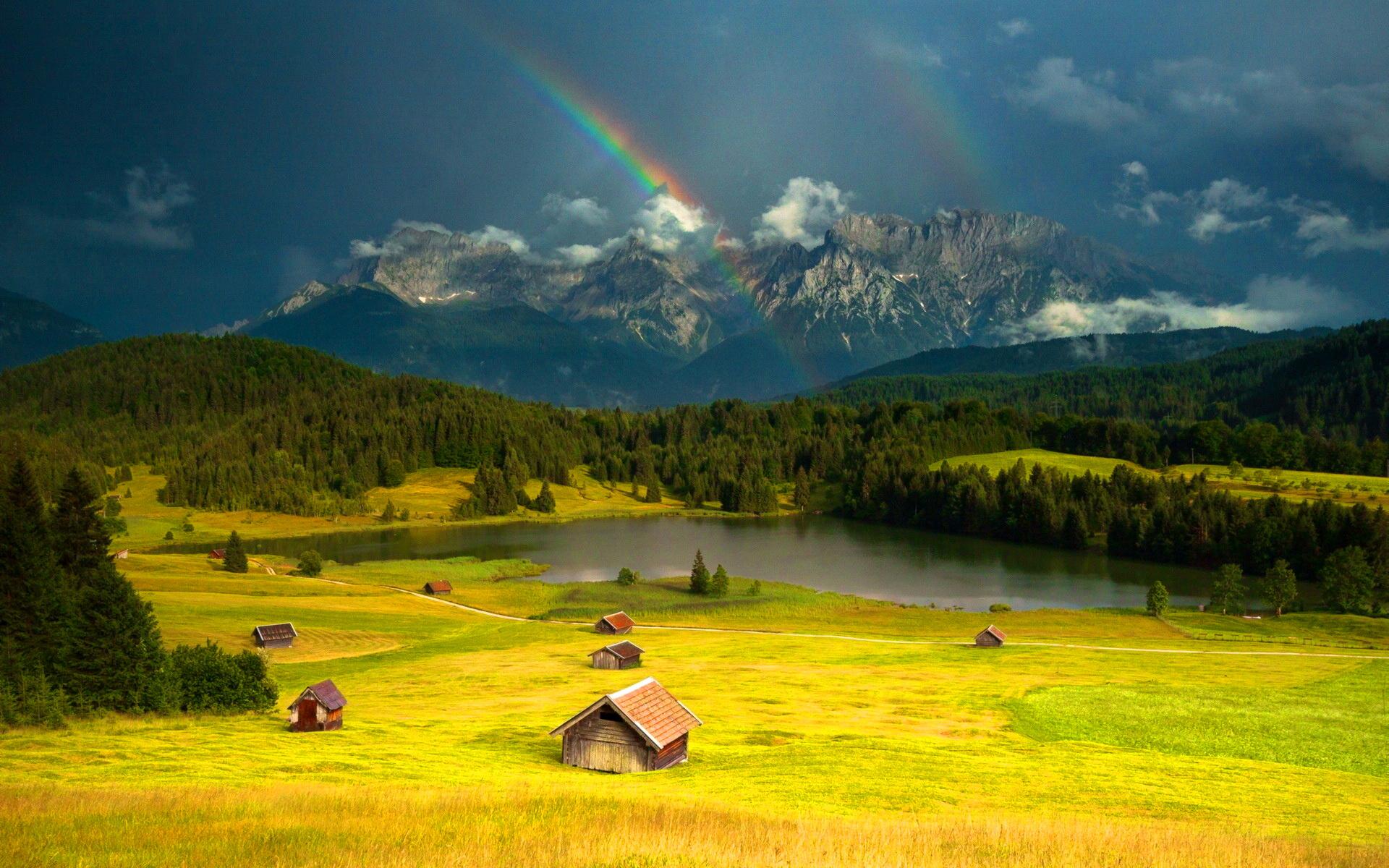 無料モバイル壁紙家, 山, 森, 地球, 虹をダウンロードします。