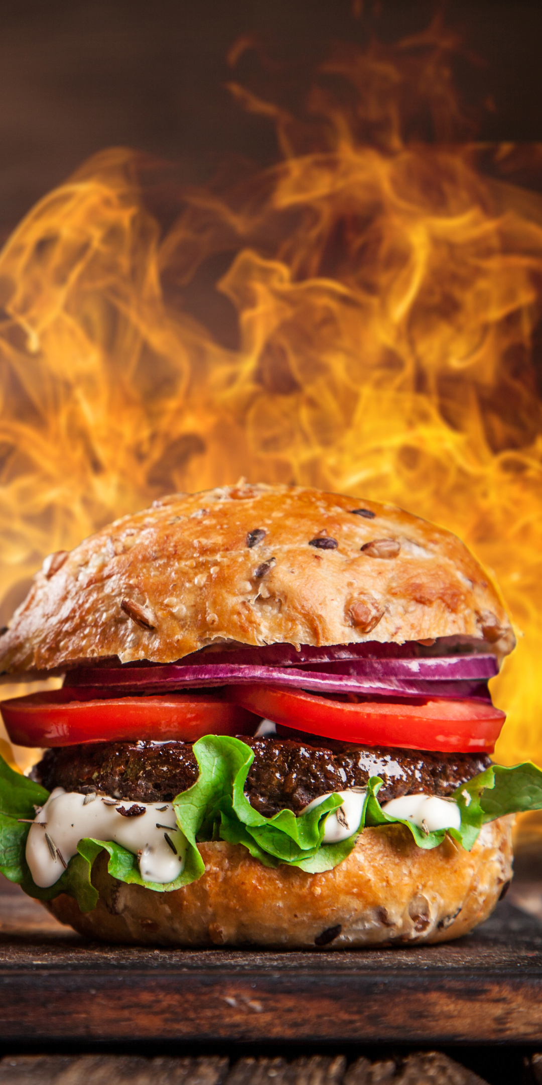 Handy-Wallpaper Hamburger, Flamme, Nahrungsmittel kostenlos herunterladen.