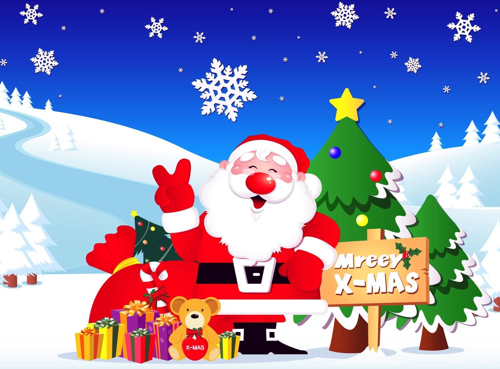 santa claus, holidays, fir trees, snowflakes, road, presents, gifts