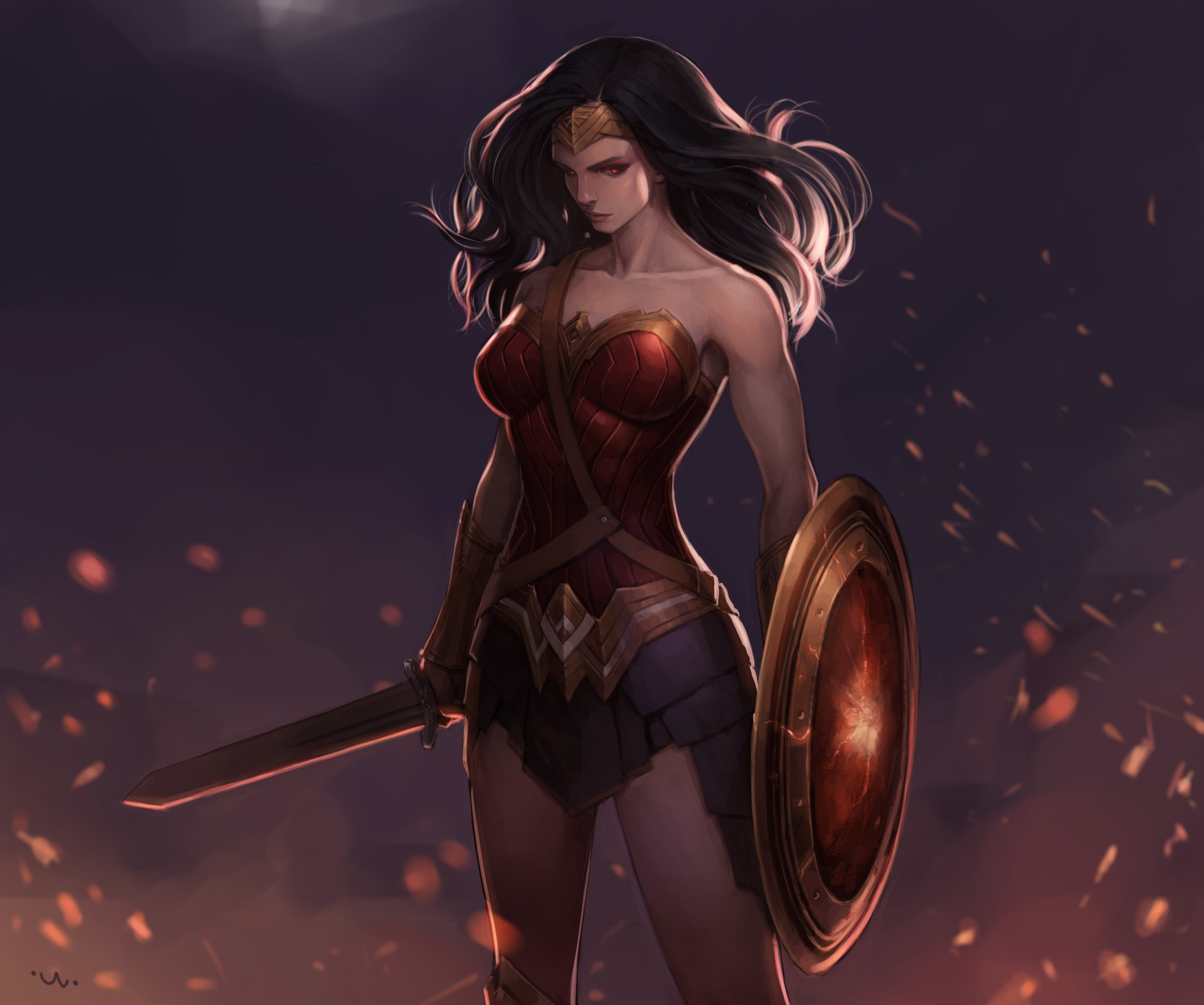 Free download wallpaper Shield, Sword, Comics, Black Hair, Dc Comics, Woman Warrior, Wonder Woman on your PC desktop