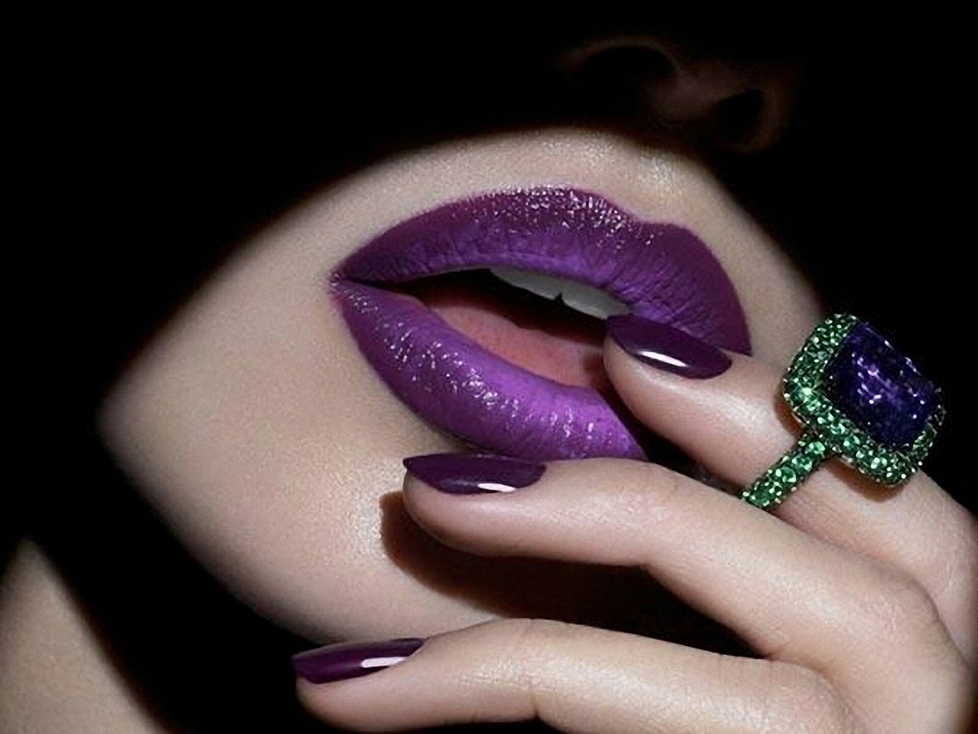 lips, women, lipstick, purple, ring