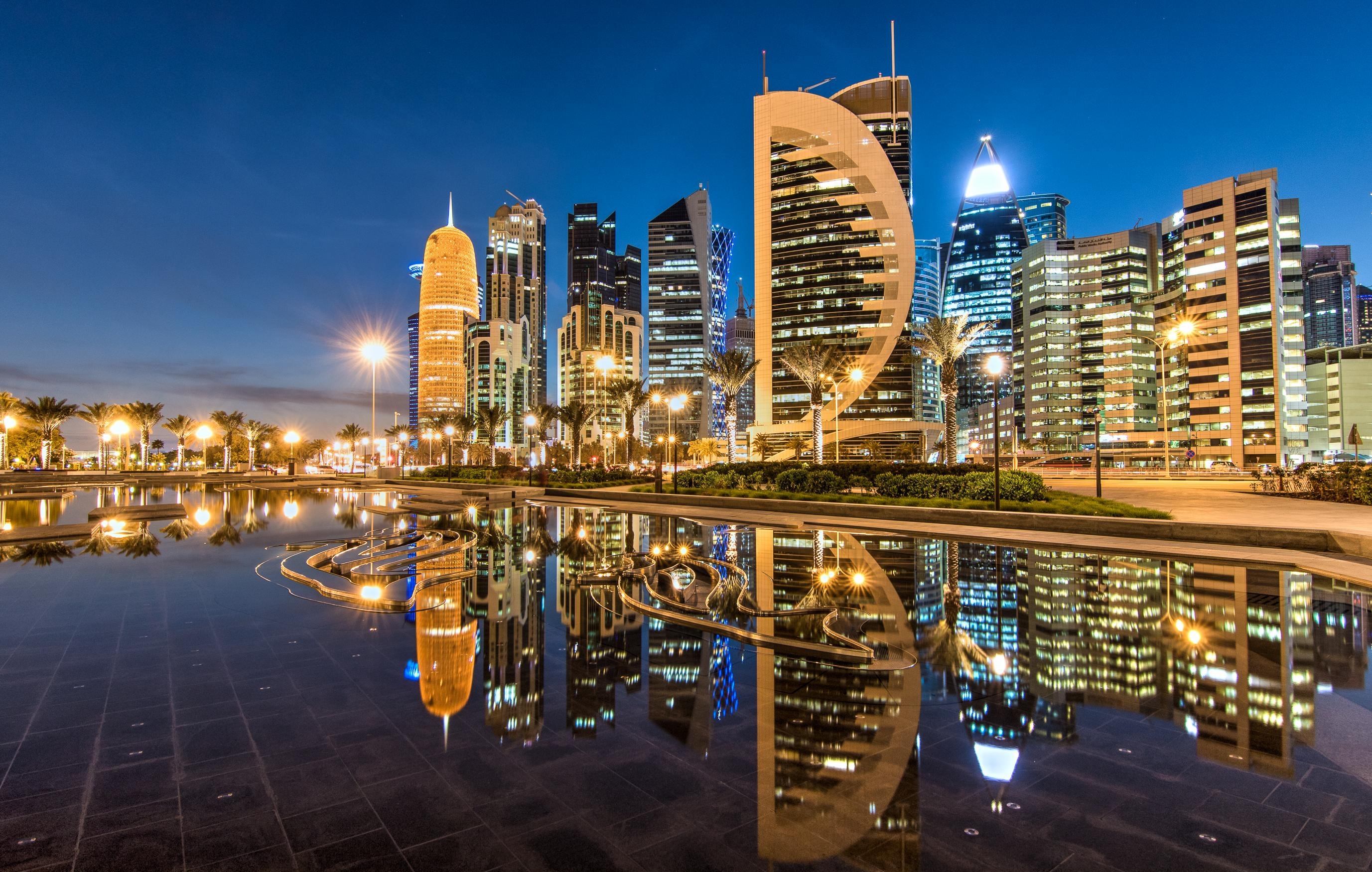 cities, qatar, man made, doha, building, city, light, night, reflection, skyscraper