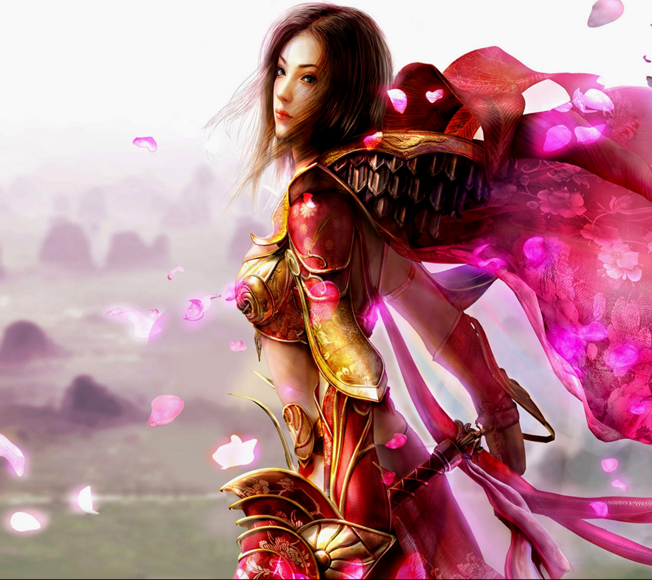 video game, legend of mir, armor, silk, blossom, sword, cloak, warrior