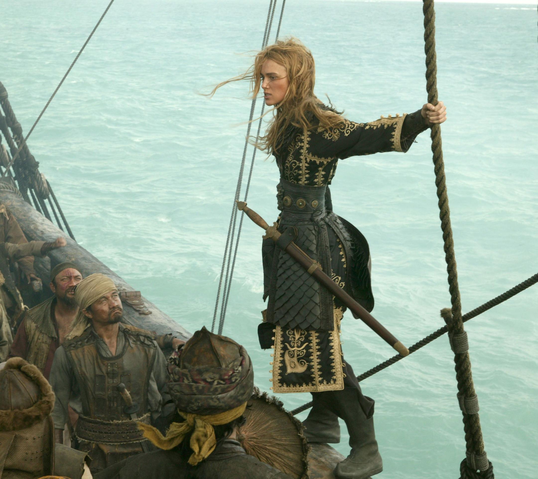 Download mobile wallpaper Pirates Of The Caribbean, Movie, Elizabeth Swann, Geoffrey Rush, Hector Barbossa, Keira Knightley, Pirates Of The Caribbean: At World's End for free.