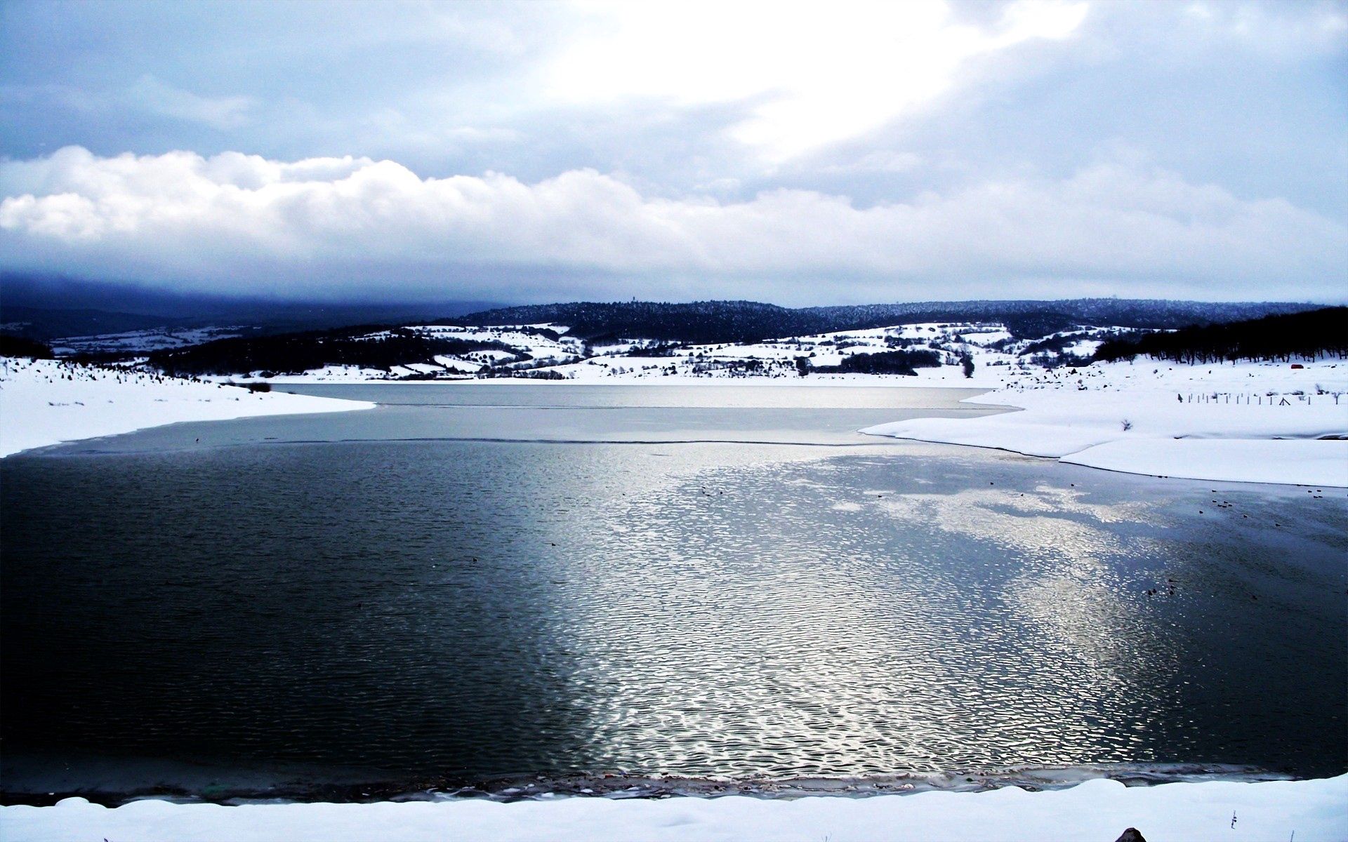 nature, water, ice, clouds, snow, lake, smooth, surface, cold, overflow, overflows