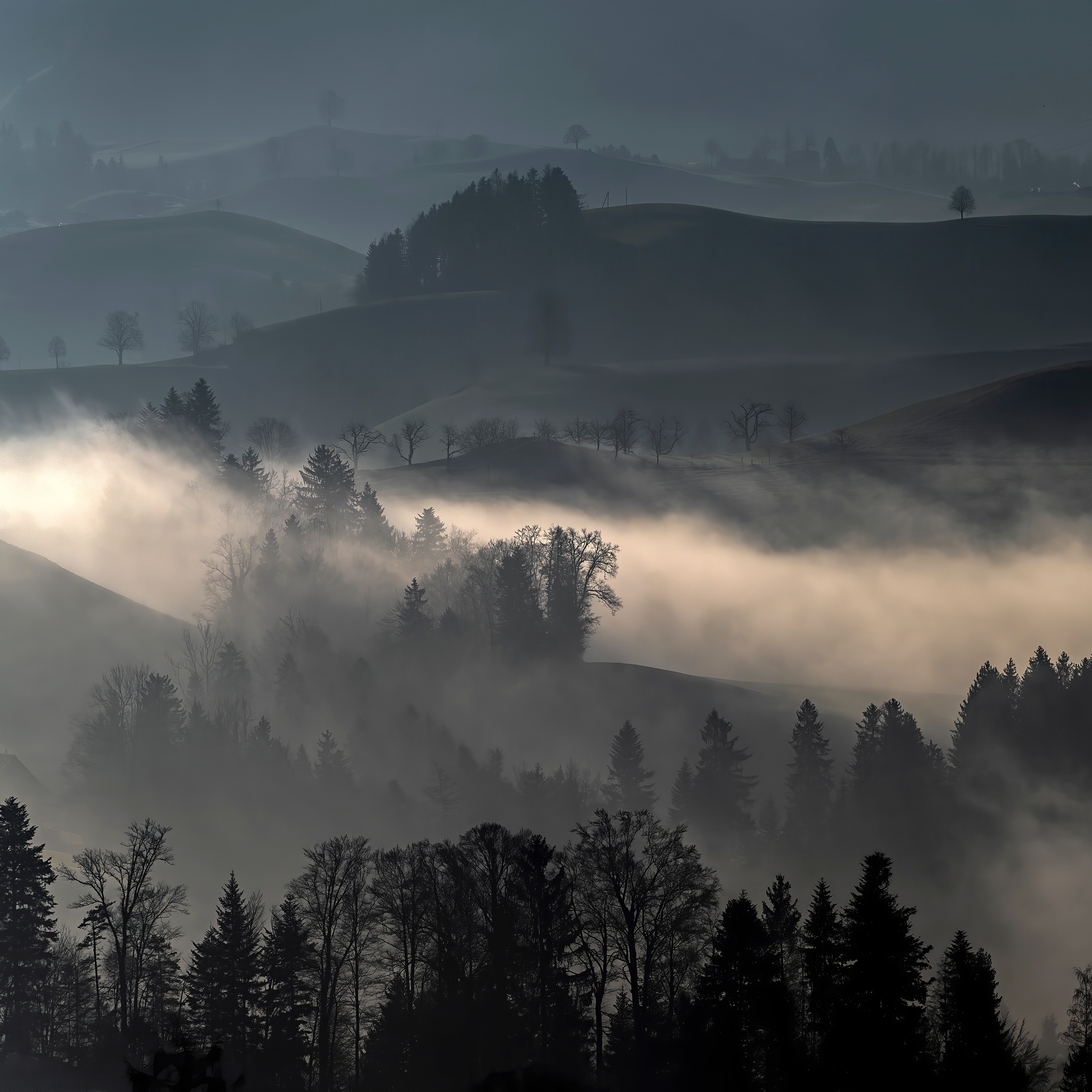 Free download wallpaper Nature, Trees, Hills, Fog, Landscape on your PC desktop