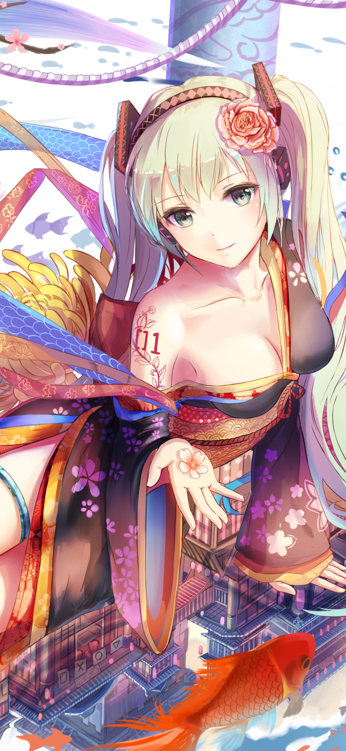 Download mobile wallpaper Anime, Flower, Smile, Tattoo, Fish, Vocaloid, Cherry Blossom, Headband, Hatsune Miku, Long Hair, White Hair, Twintails, Barefoot, Yukata, Japanese Clothes for free.
