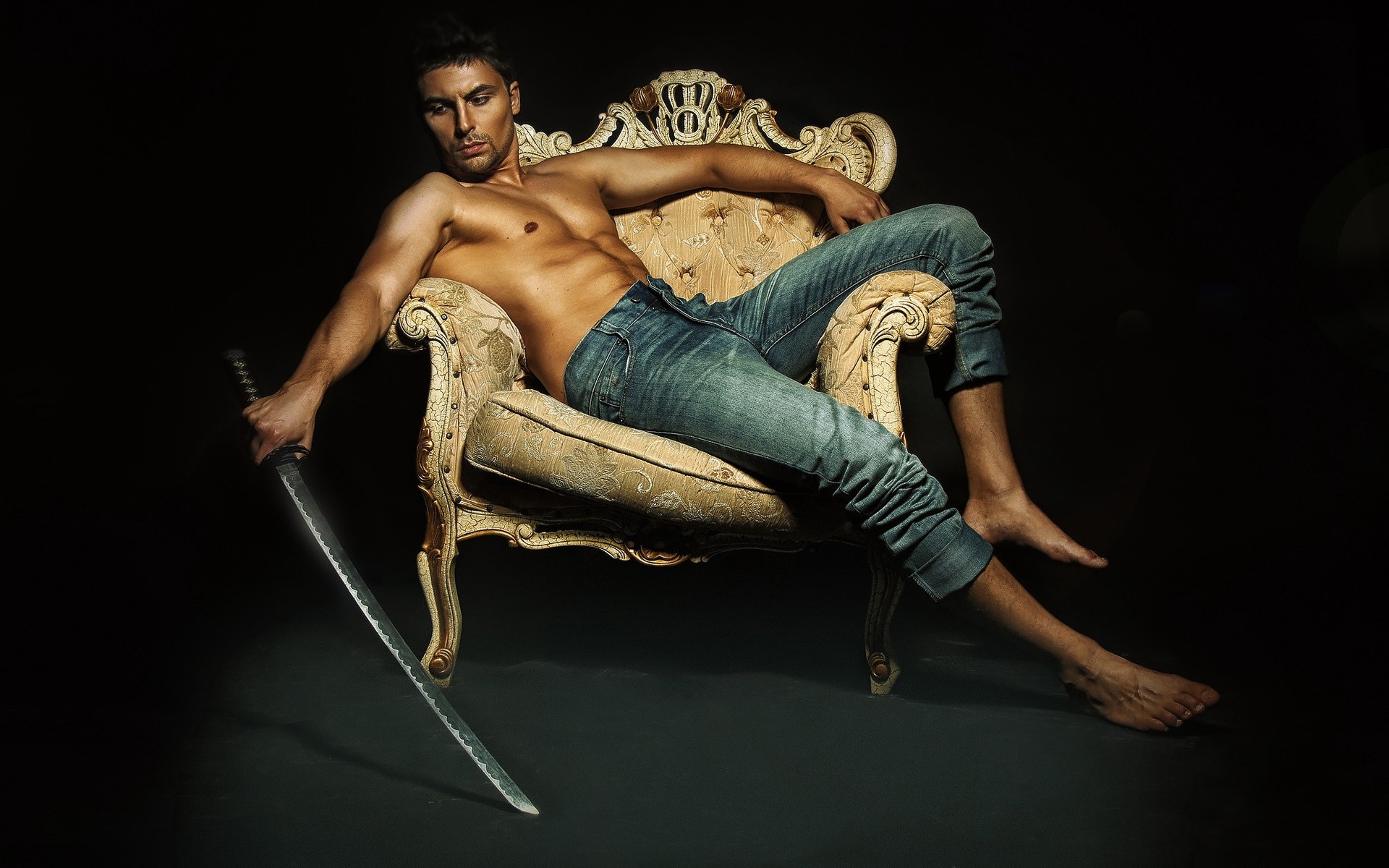 feet, men, model, chair, jeans, sword