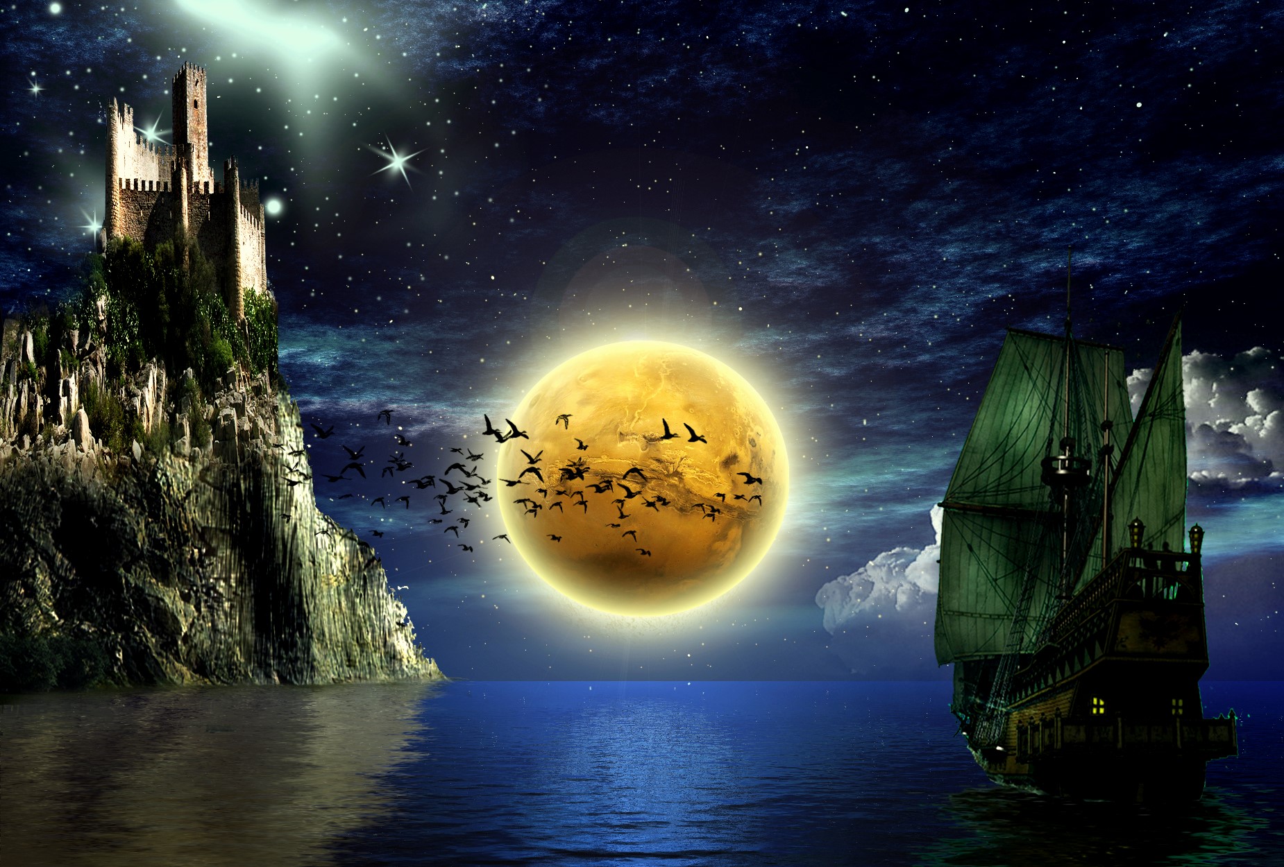 Laden Sie das Fantasie, Mond, 3D, Schiff, Nacht, Künstlerisch, Cgi, Schloss-Bild kostenlos auf Ihren PC-Desktop herunter