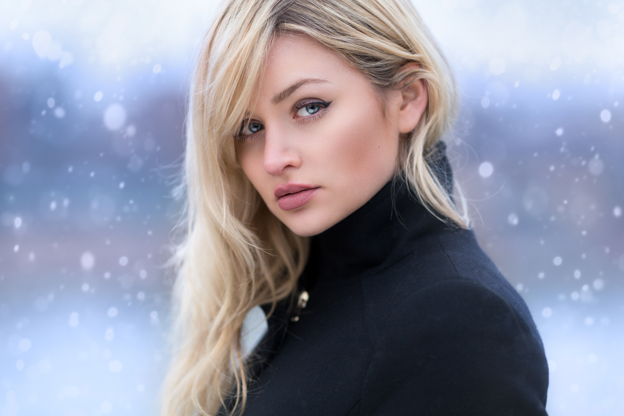 Download mobile wallpaper Winter, Blonde, Face, Model, Women, Snowfall, Blue Eyes for free.