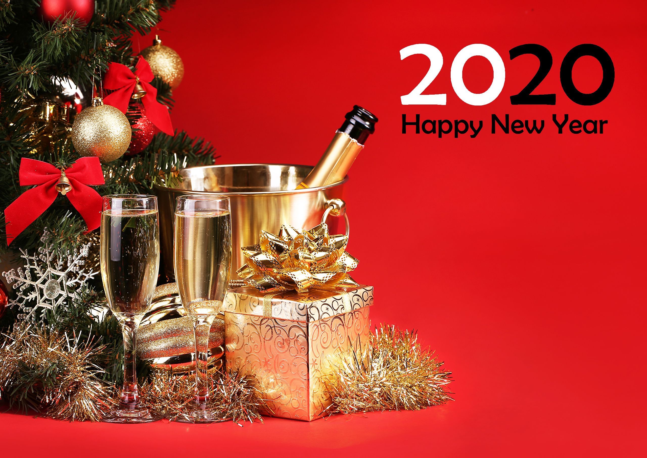 happy new year, holiday, new year 2020, champagne, christmas ornaments