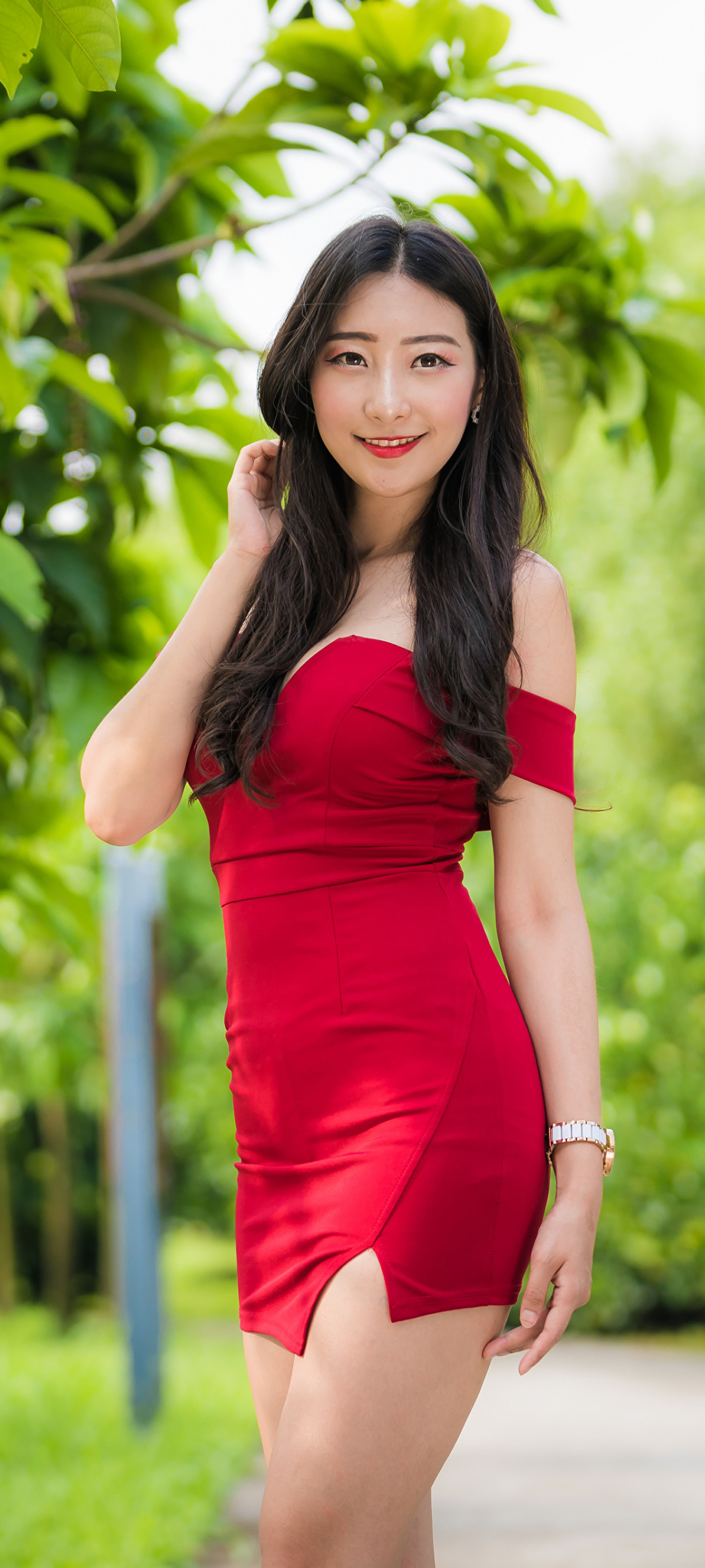 Download mobile wallpaper Model, Women, Asian, Black Hair, Red Dress for free.