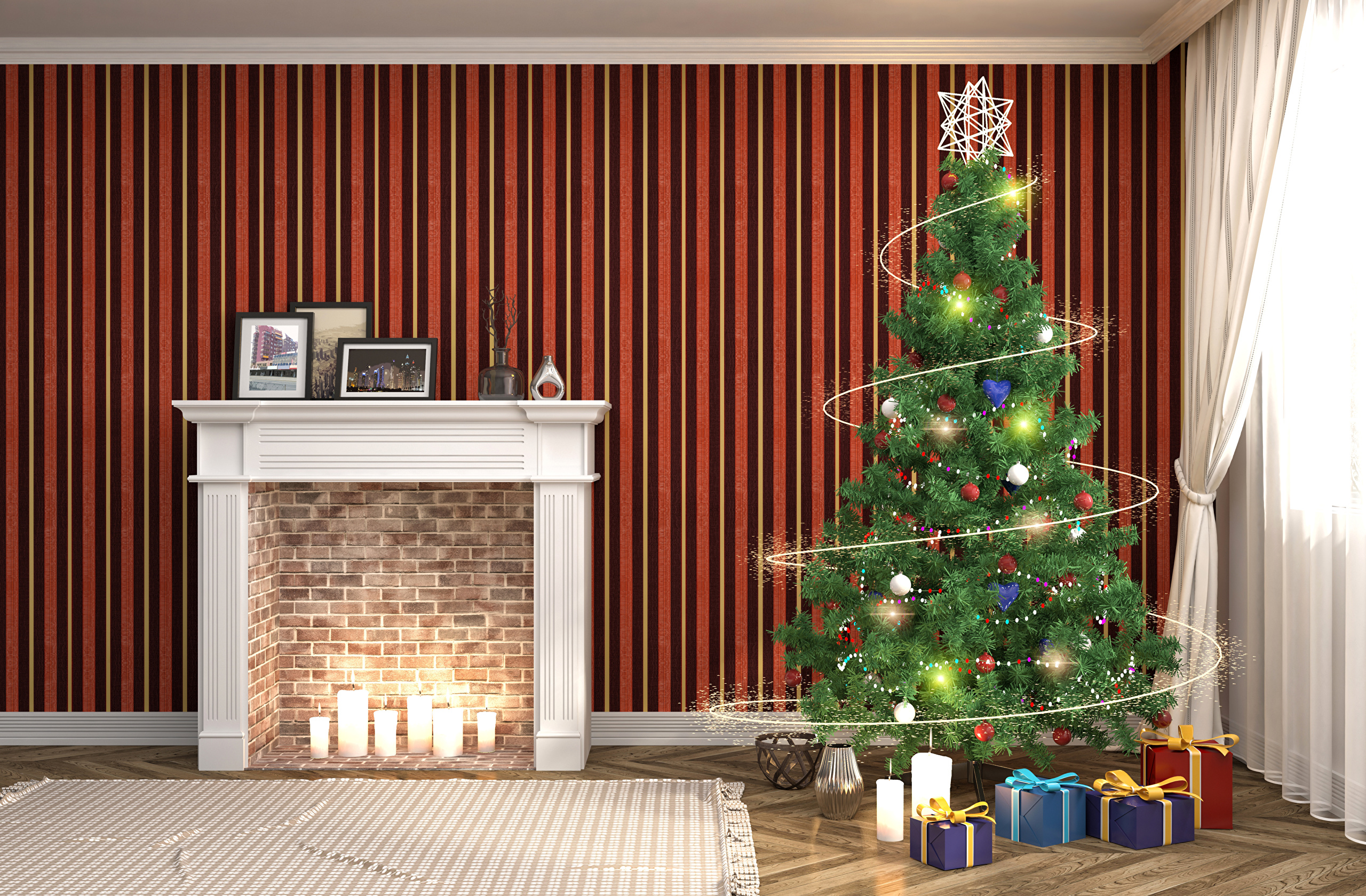 965032画像をダウンロードホリデー, クリスマス, 煙突, クリスマスツリー, 贈り物-壁紙とスクリーンセーバーを無料で