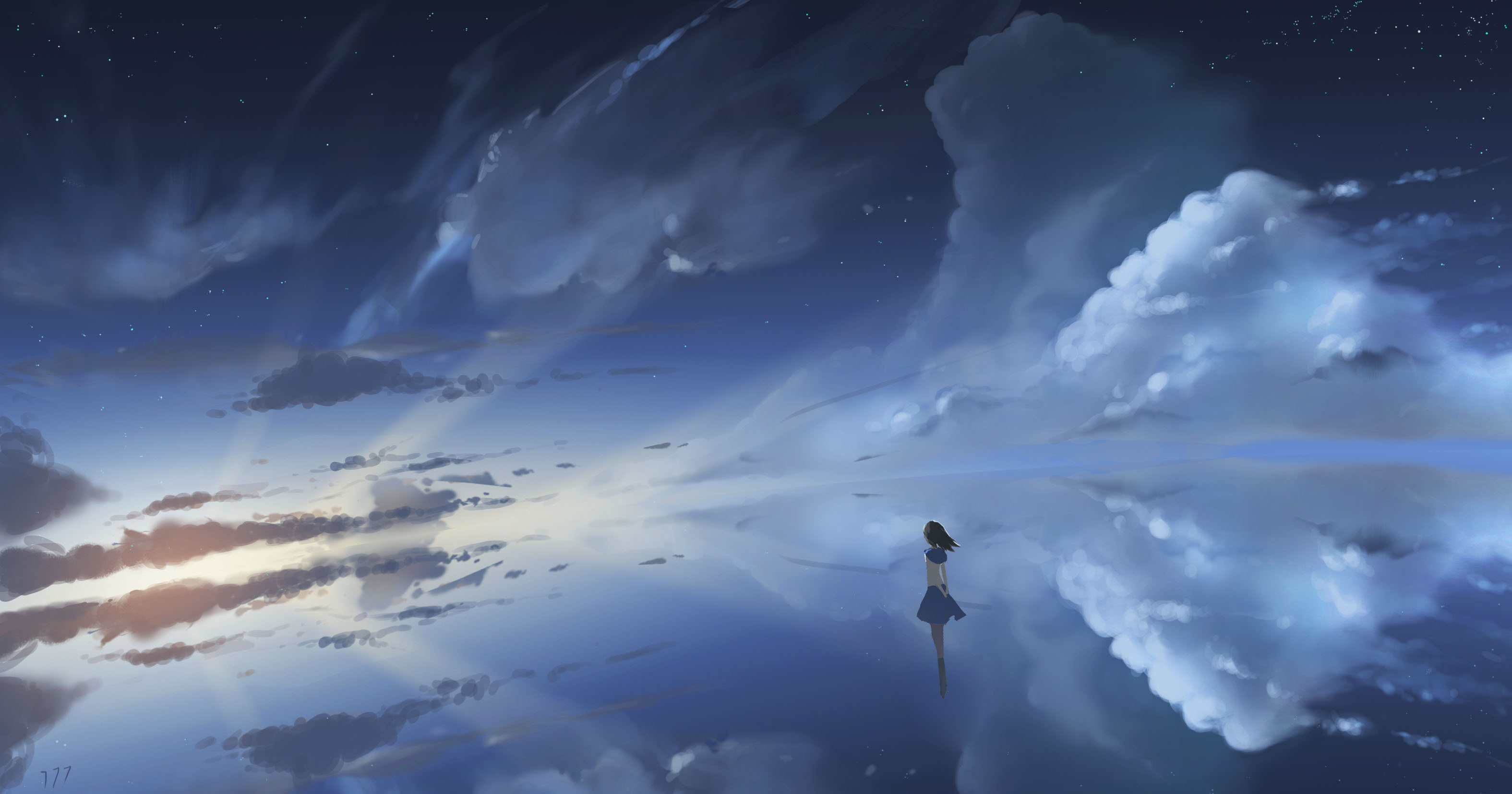 Download mobile wallpaper Anime, Sky, Sea, Reflection, Sunrise, Girl for free.