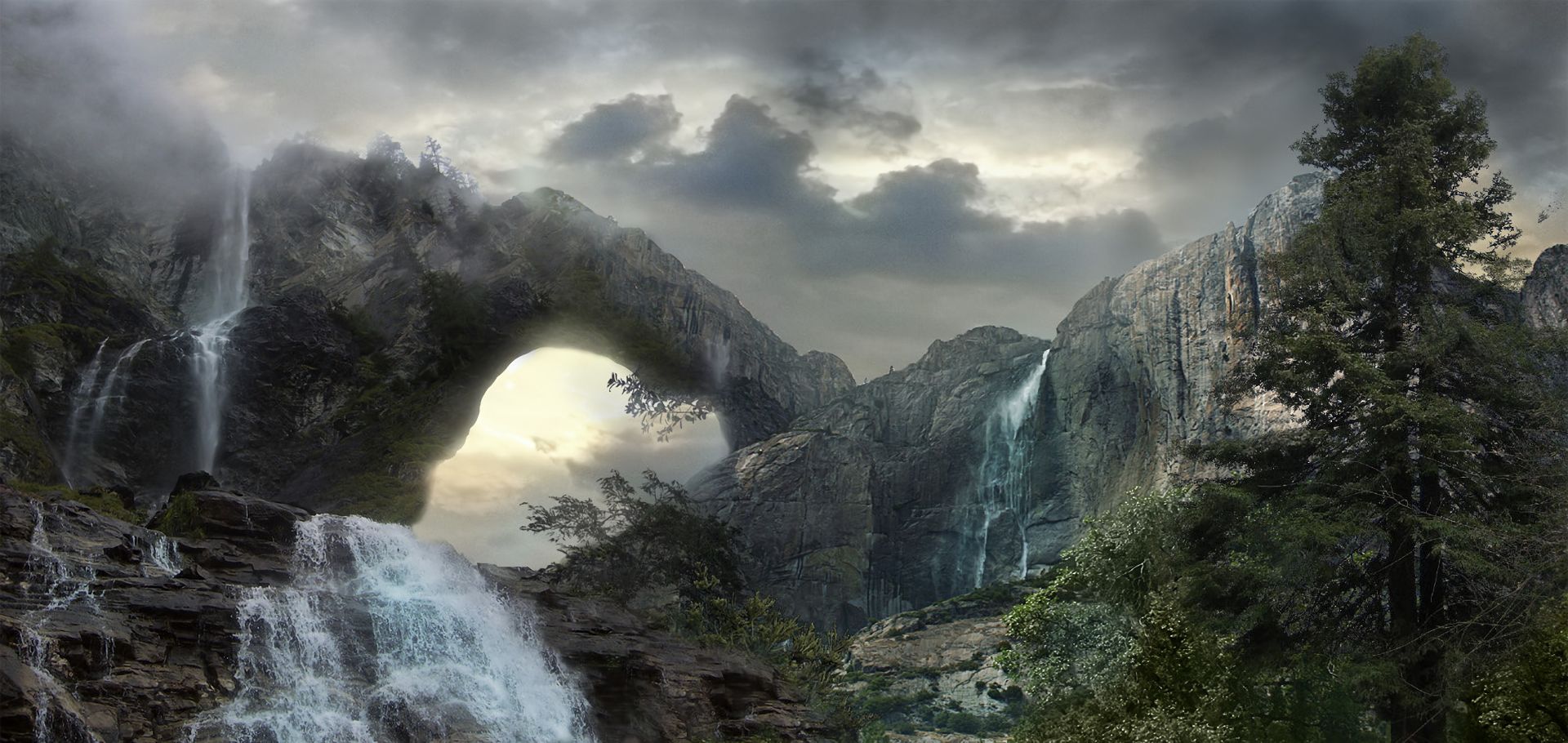 Free download wallpaper Landscape, Mountain, Waterfall, Forest, Tree, Fog, Earth on your PC desktop
