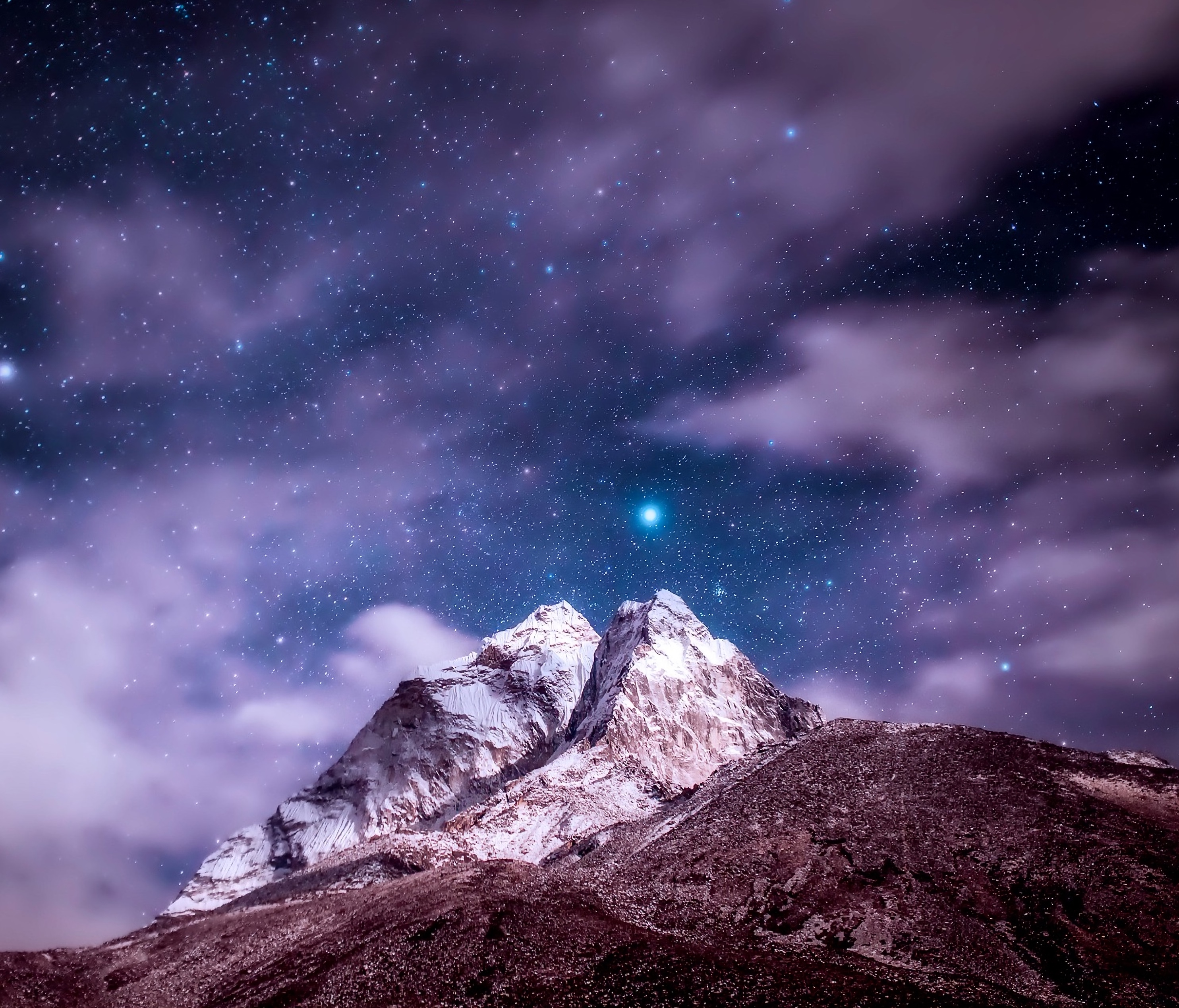 himalayas, starry sky, clouds, nature, snow covered, mountains, vertex, top, snowbound