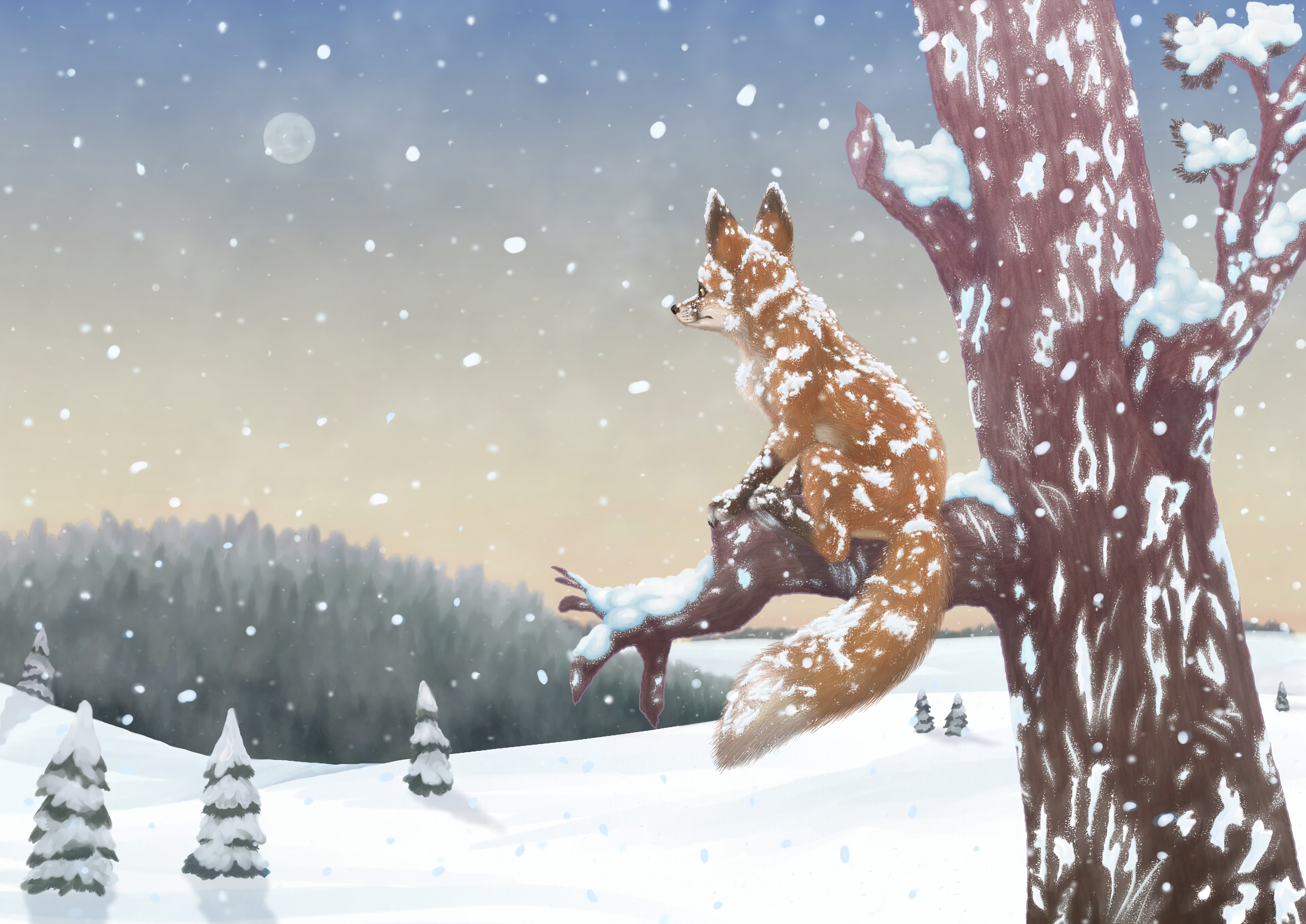 Handy-Wallpaper Winter, Schnee, Baum, Holz, Ein Fuchs, Fuchs, Kunst kostenlos herunterladen.