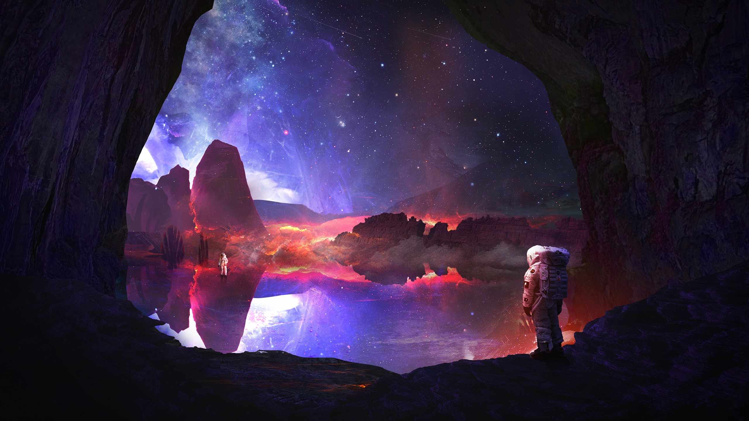astronaut, sci fi, cave, lake, landscape, reflection, space suit, stars