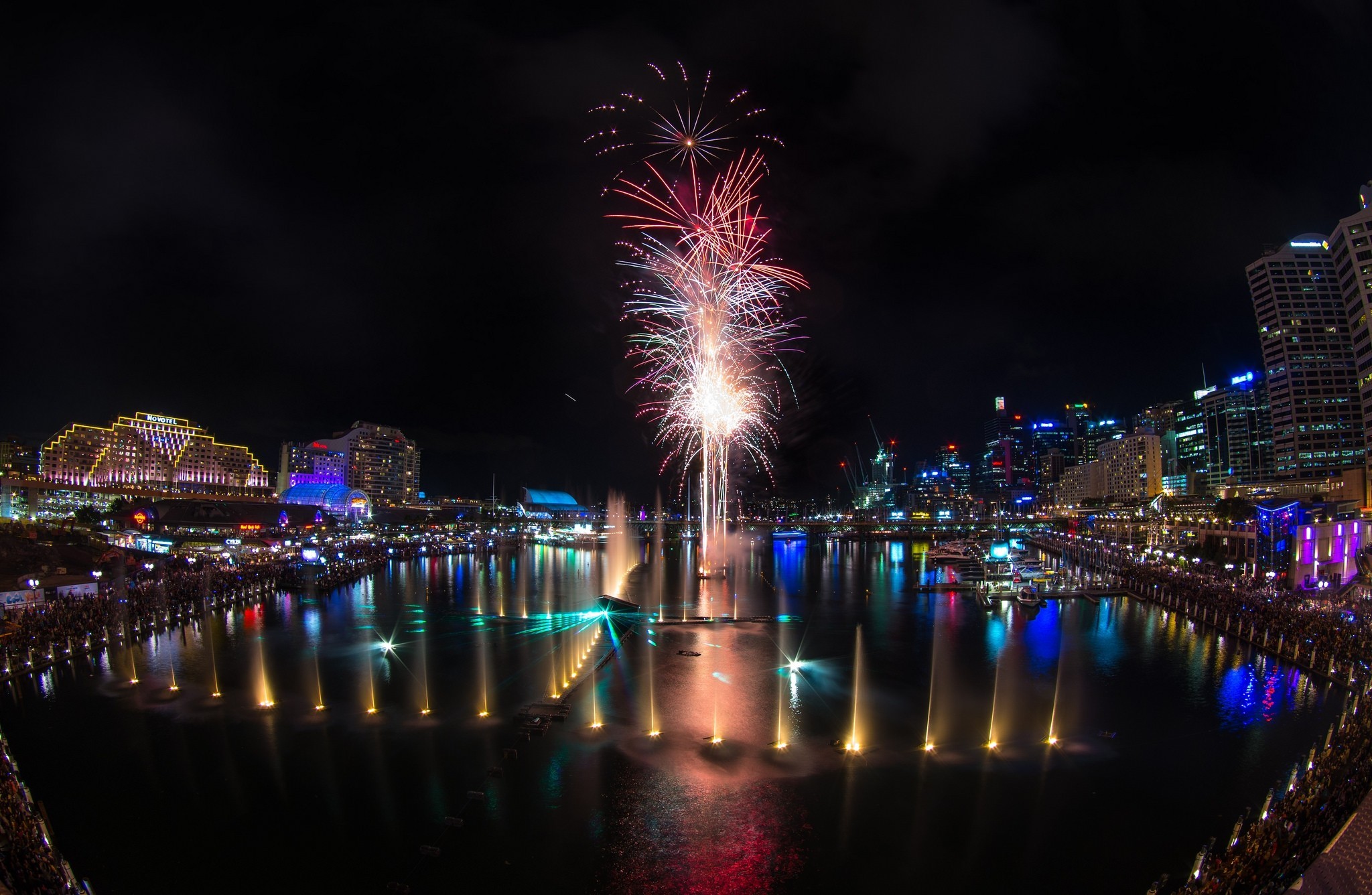 Download mobile wallpaper Fountain, Darling Harbour, Sydney, Australia, Fireworks, Cities, Man Made for free.