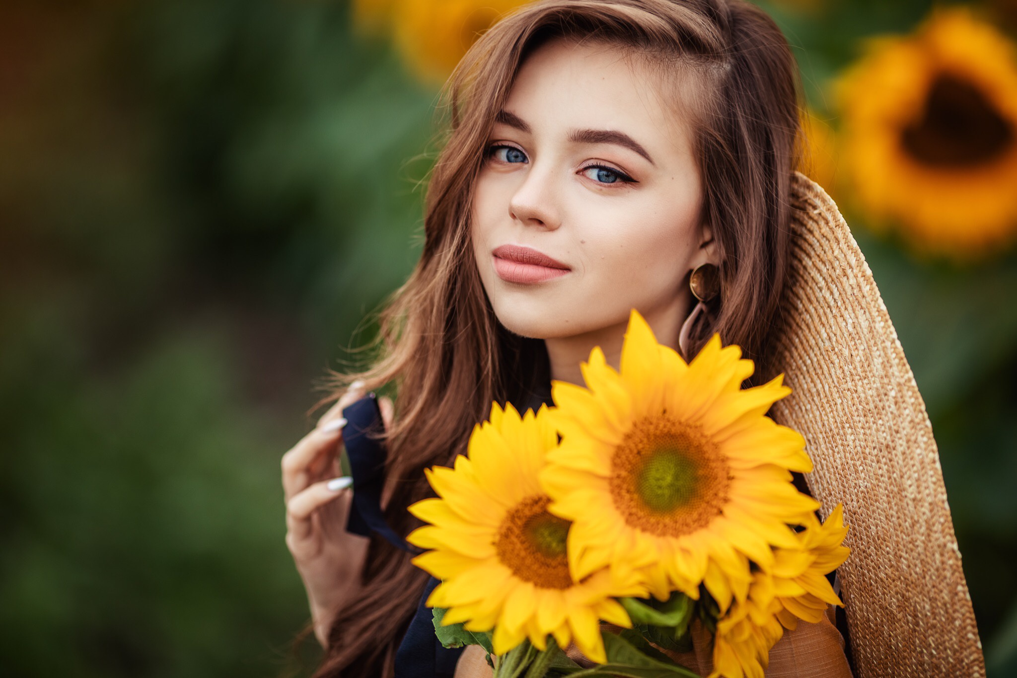 Download mobile wallpaper Flower, Sunflower, Brunette, Model, Women, Blue Eyes, Yellow Flower for free.