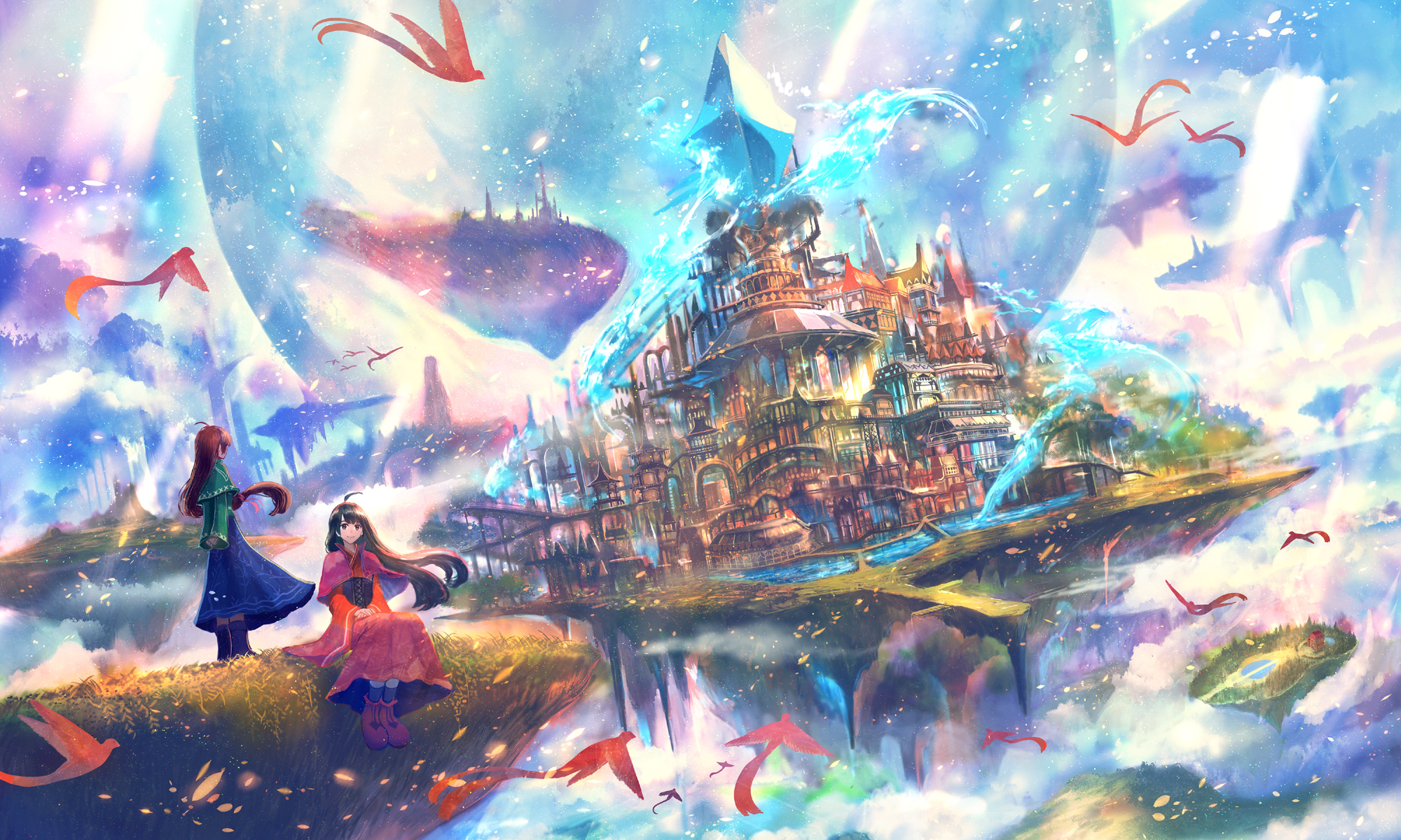 Free download wallpaper Anime, Fantasy, City, Building, Bird, Cloud, Original, Floating Island on your PC desktop