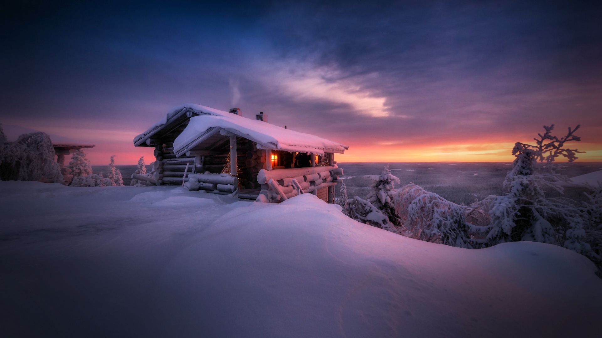 Download mobile wallpaper Landscape, Winter, Sunset, Sky, Snow, Cabin, Man Made for free.