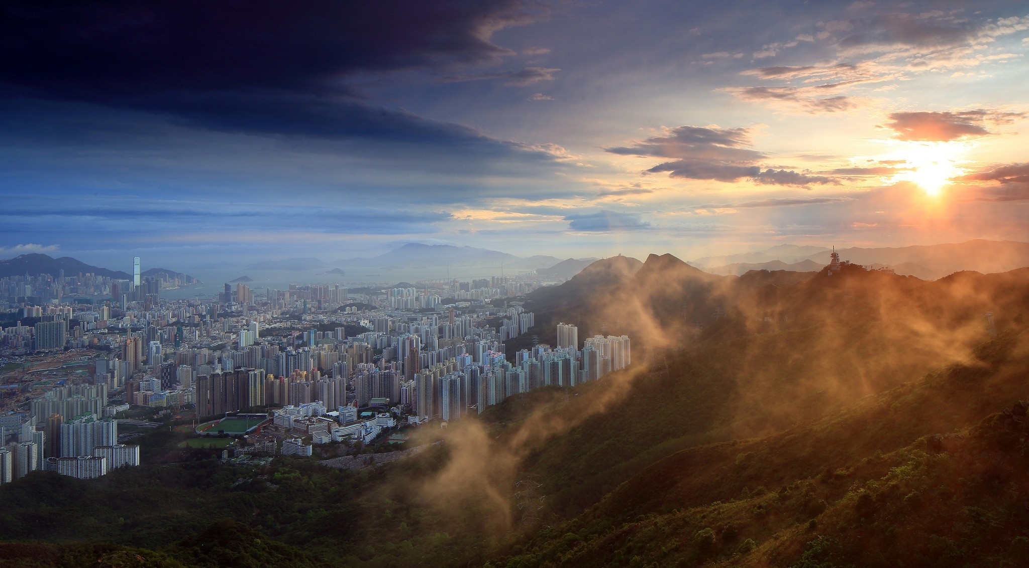 Завантажити шпалери безкоштовно Міста, Китай, Гонконг, Створено Людиною, Захід Сонця картинка на робочий стіл ПК