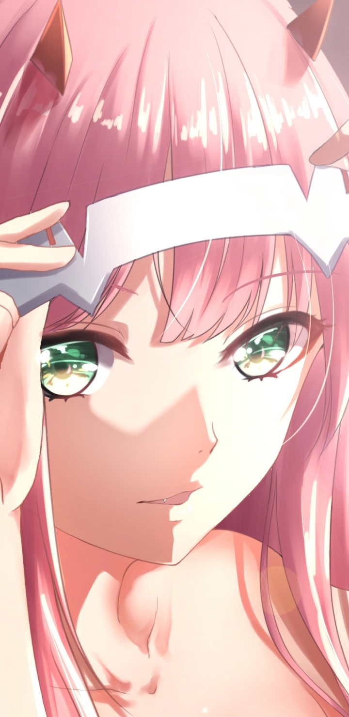 Handy-Wallpaper Gesicht, Grüne Augen, Pinkes Haar, Animes, Darling In The Franxx, Zero Two (Liebling Im Franxx) kostenlos herunterladen.