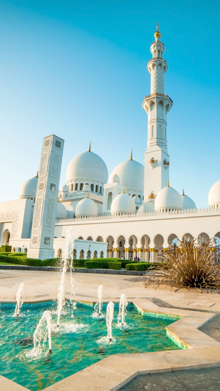 Download mobile wallpaper Fountain, Religious, Sheikh Zayed Grand Mosque, Mosques for free.