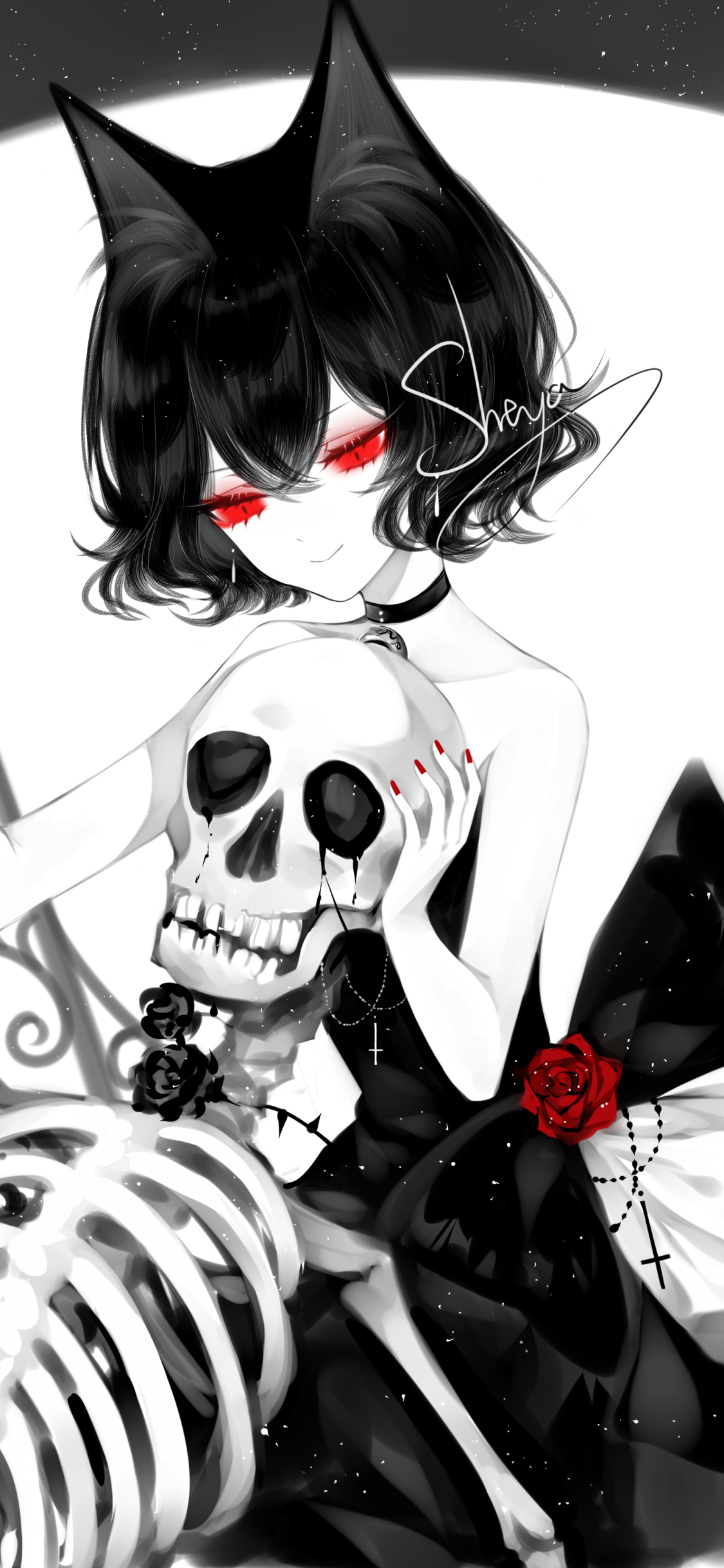 Download mobile wallpaper Anime, Skeleton, Original, Red Eyes, Black Hair for free.