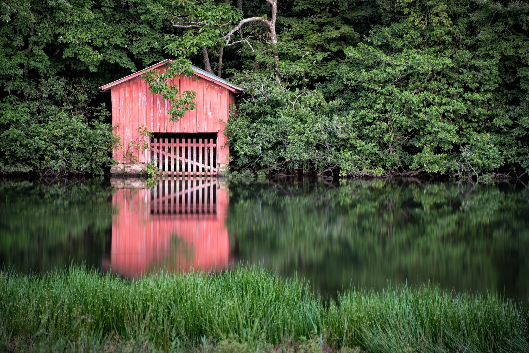 man made, boathouse, building, reflection, river, tree