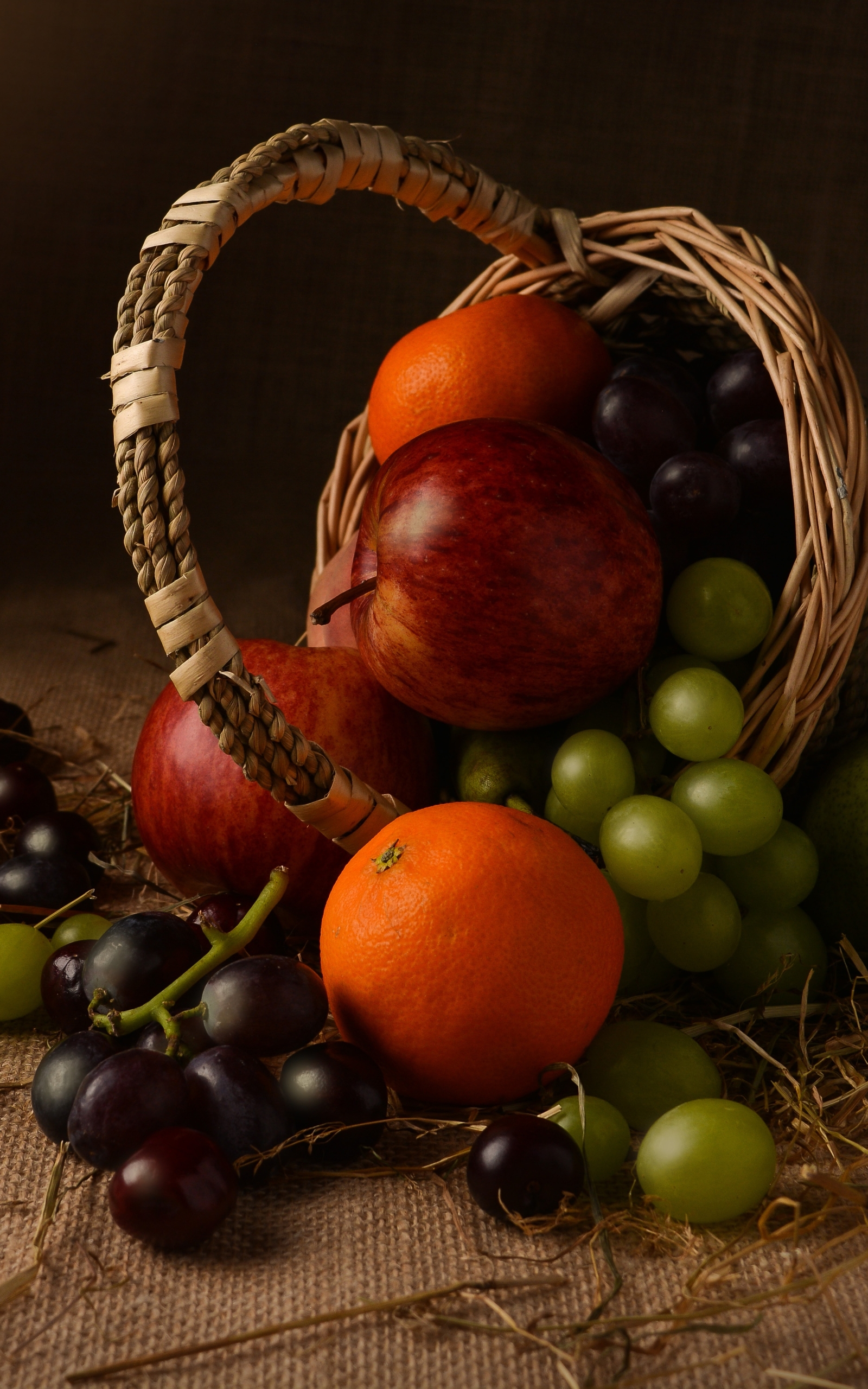 Download mobile wallpaper Food, Apple, Grapes, Still Life, Fruit, Basket, Pear for free.