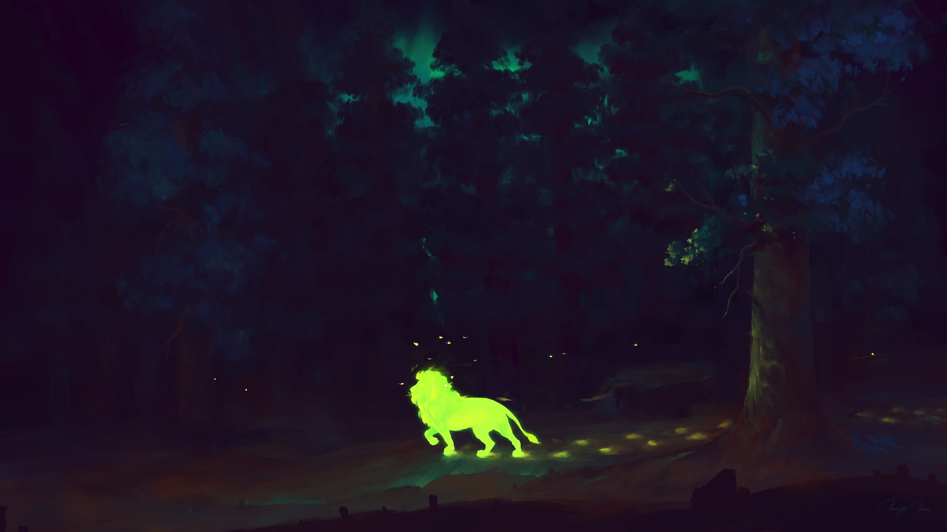 Download mobile wallpaper Fantasy, Night, Forest, Lion for free.