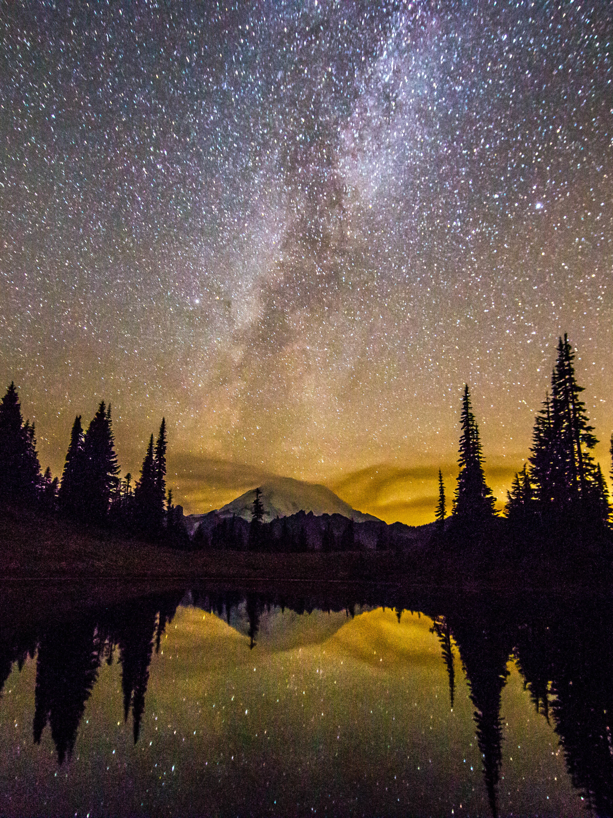 Download mobile wallpaper Nature, Mountains, Stars, Night, Lake, Reflection, Starry Sky, Earth, Milky Way, Washington, Mount Rainier for free.