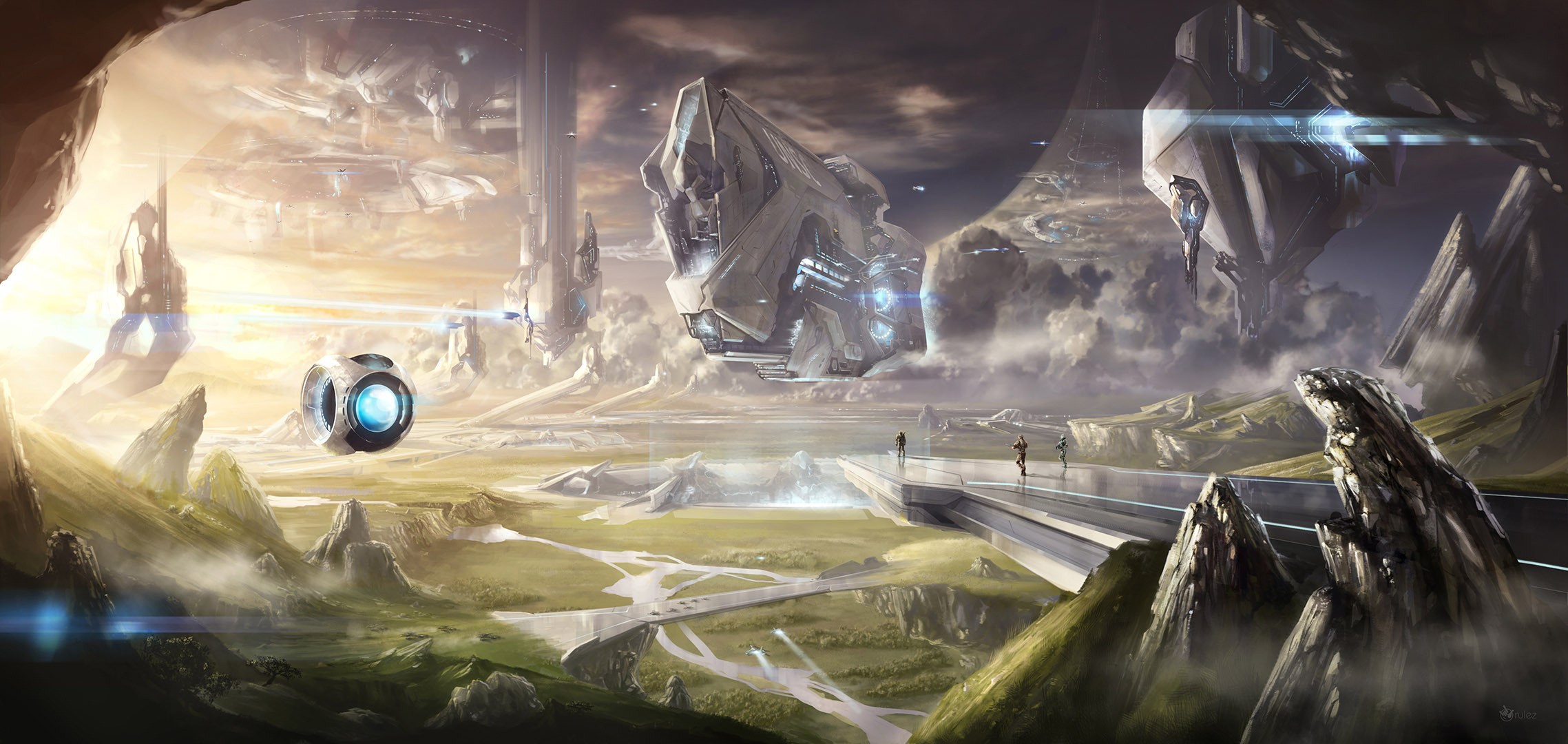 spaceship, halo, people, video game, landscape